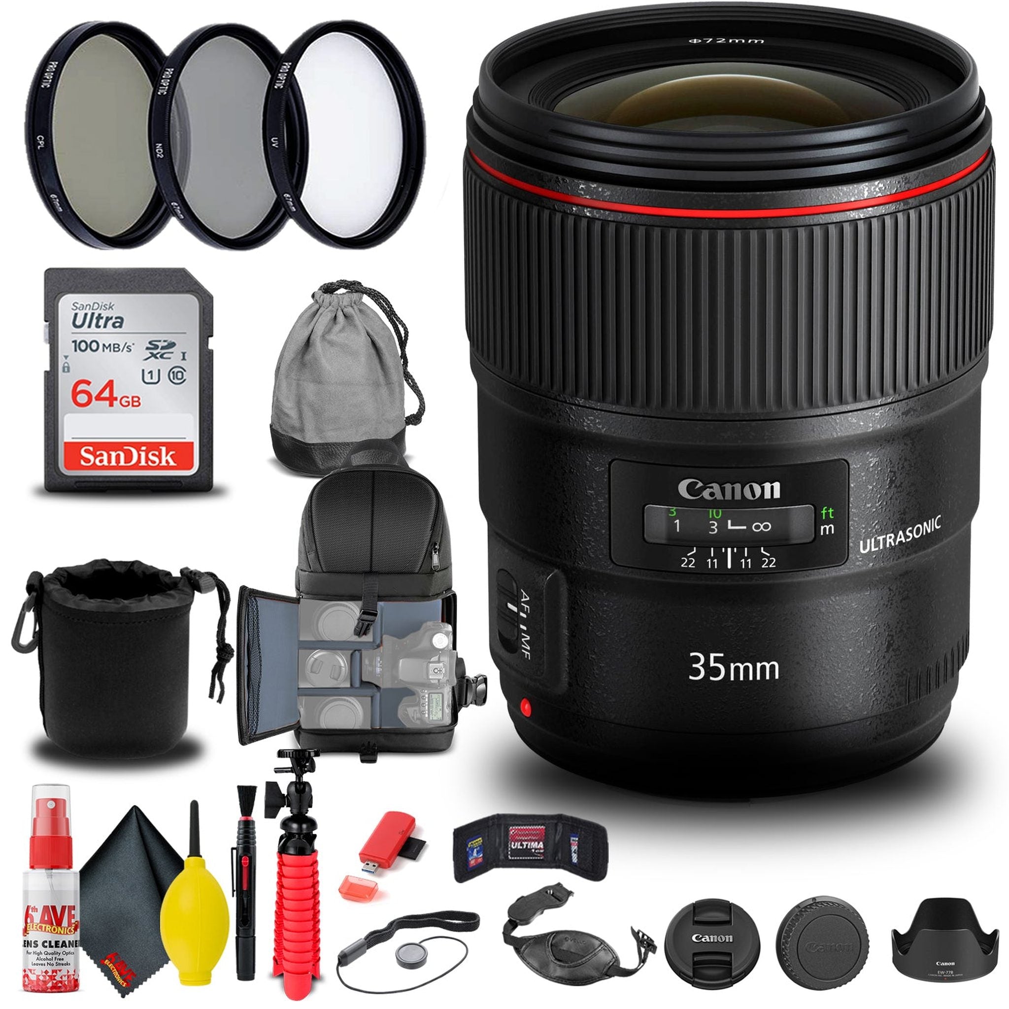 Canon EF 35mm f/1.4L II USM Lens + Filter + BackPack + 64GB Card + More - Reconditioned Canon