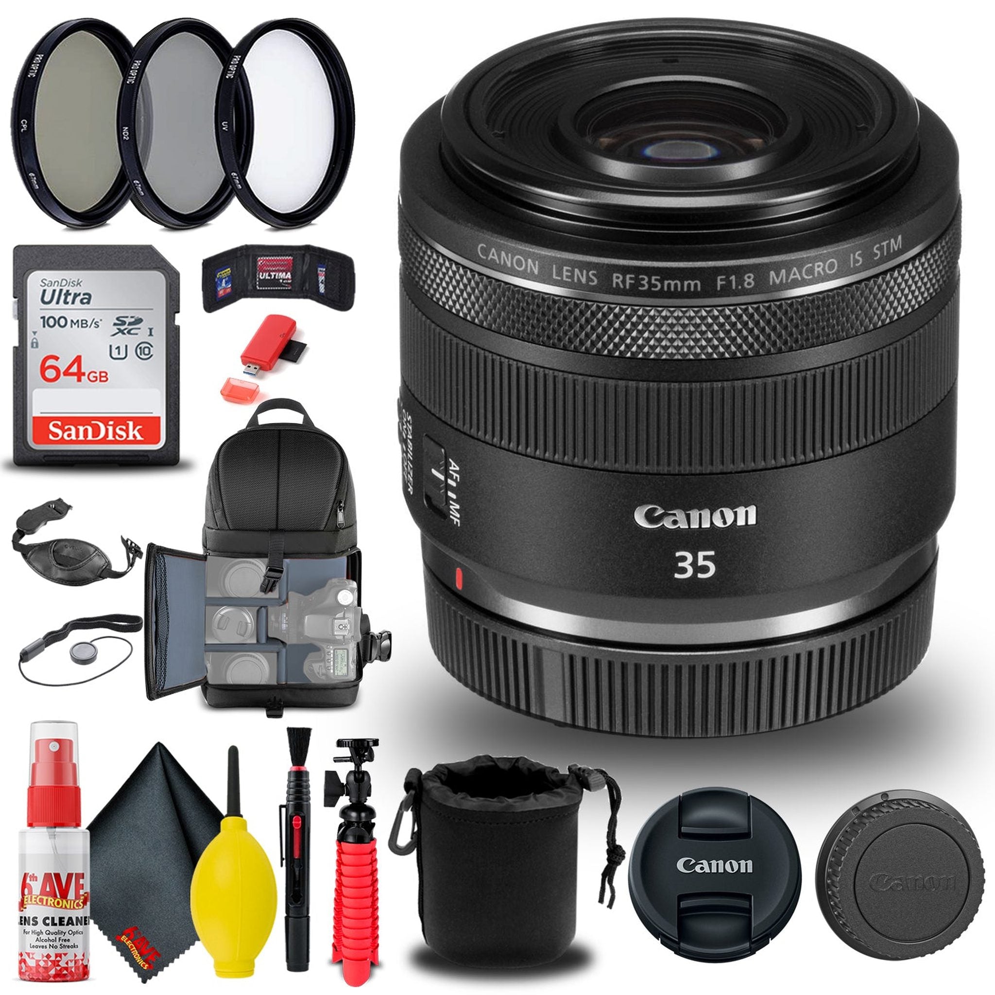 Canon RF 35mm f/1.8 IS Macro STM Lens 2973C002 + Filter Kit + BackPack + More - Reconditioned Canon