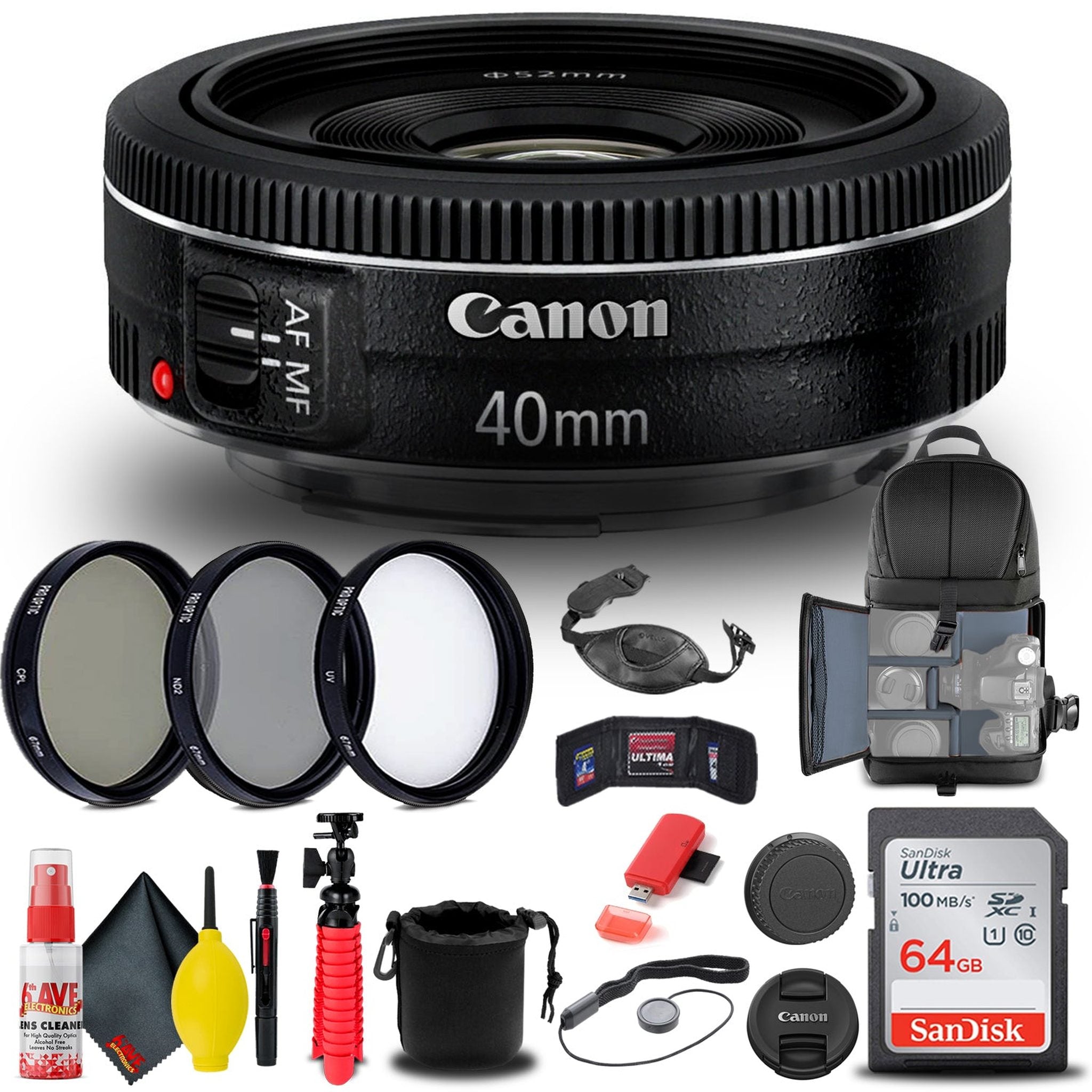 Canon EF 40mm f/2.8 STM Lens 6310B002 + Filter + BackPack + 64GB Card + More - Reconditioned Canon