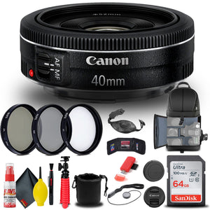 Canon EF 40mm f/2.8 STM Lens 6310B002 + Filter + BackPack + 64GB Card + More - Reconditioned Canon