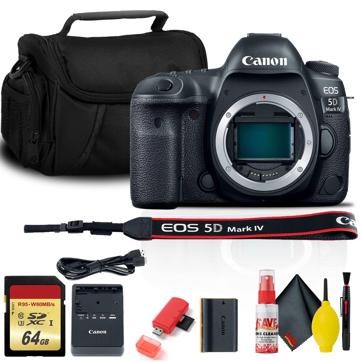 Canon EOS 5D Mark IV DSLR Camera (1483C002) with 64GB Memory Card, Case, Cleaning Set and More - S Bundle