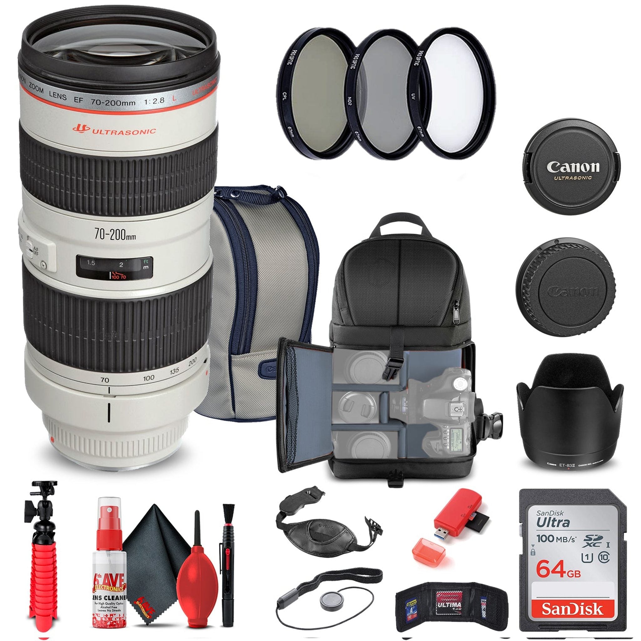 Canon EF 70-200mm f/2.8L USM Lens 2569A004 + Filter Kit + BackPack + More - Reconditioned Canon