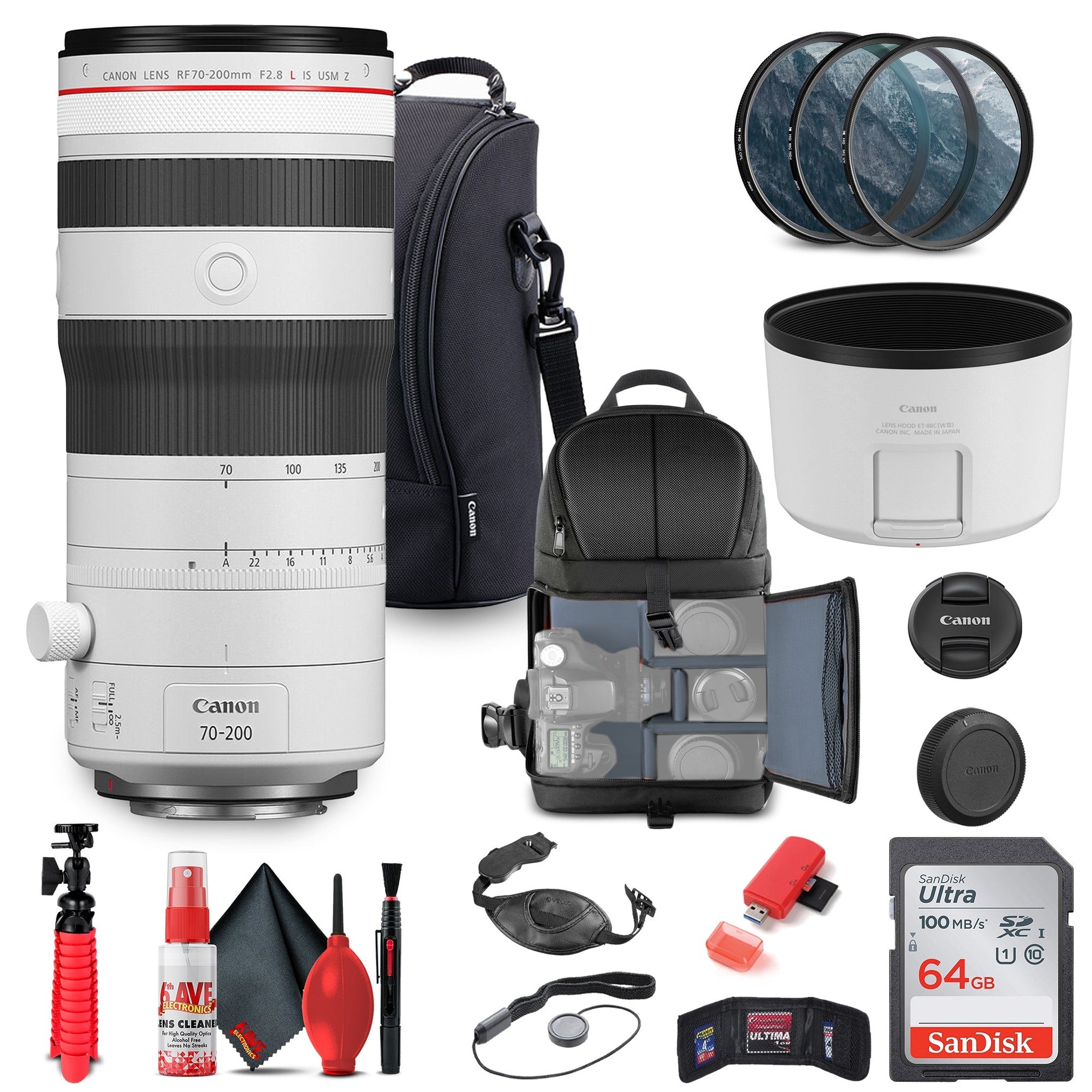 Canon RF 70-200mm f/2.8 L IS USM Z Lens 6594C002 White + Filter Kit + BackPack + More Canon