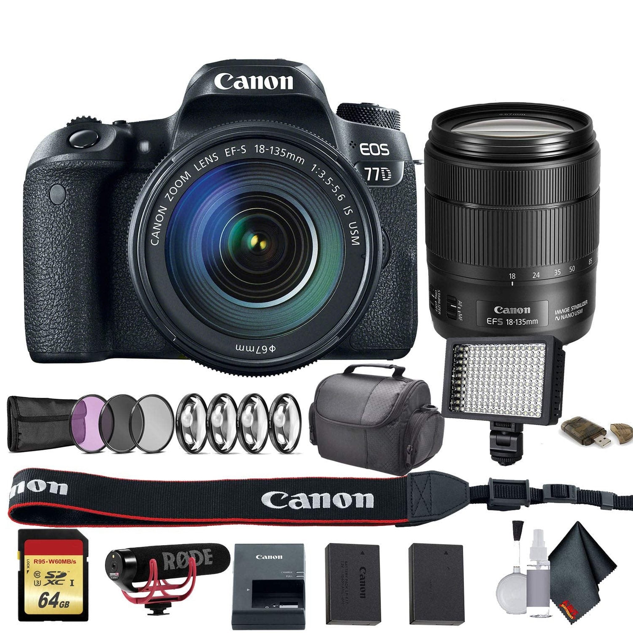 Canon EOS 77D DSLR Camera with 18-135mm USM Lens International Model 1892C002 W/Bag, Extra Battery, LED Light, Mic, - Used Canon