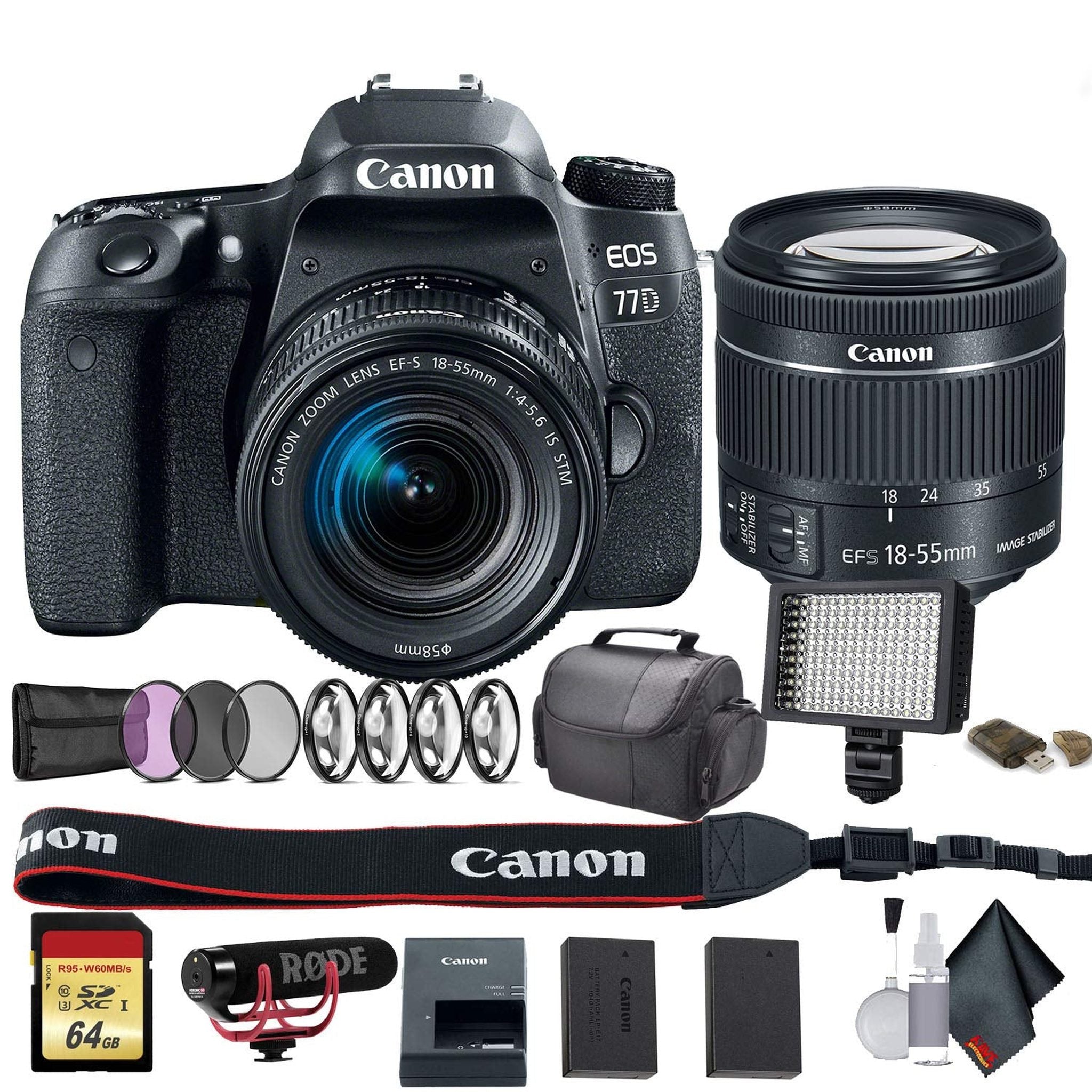 Canon EOS 77D DSLR Camera with 18-55mm Lens International Model 1892C016 W/Bag, Extra Battery, LED Light, Mic, Filte - Used Canon