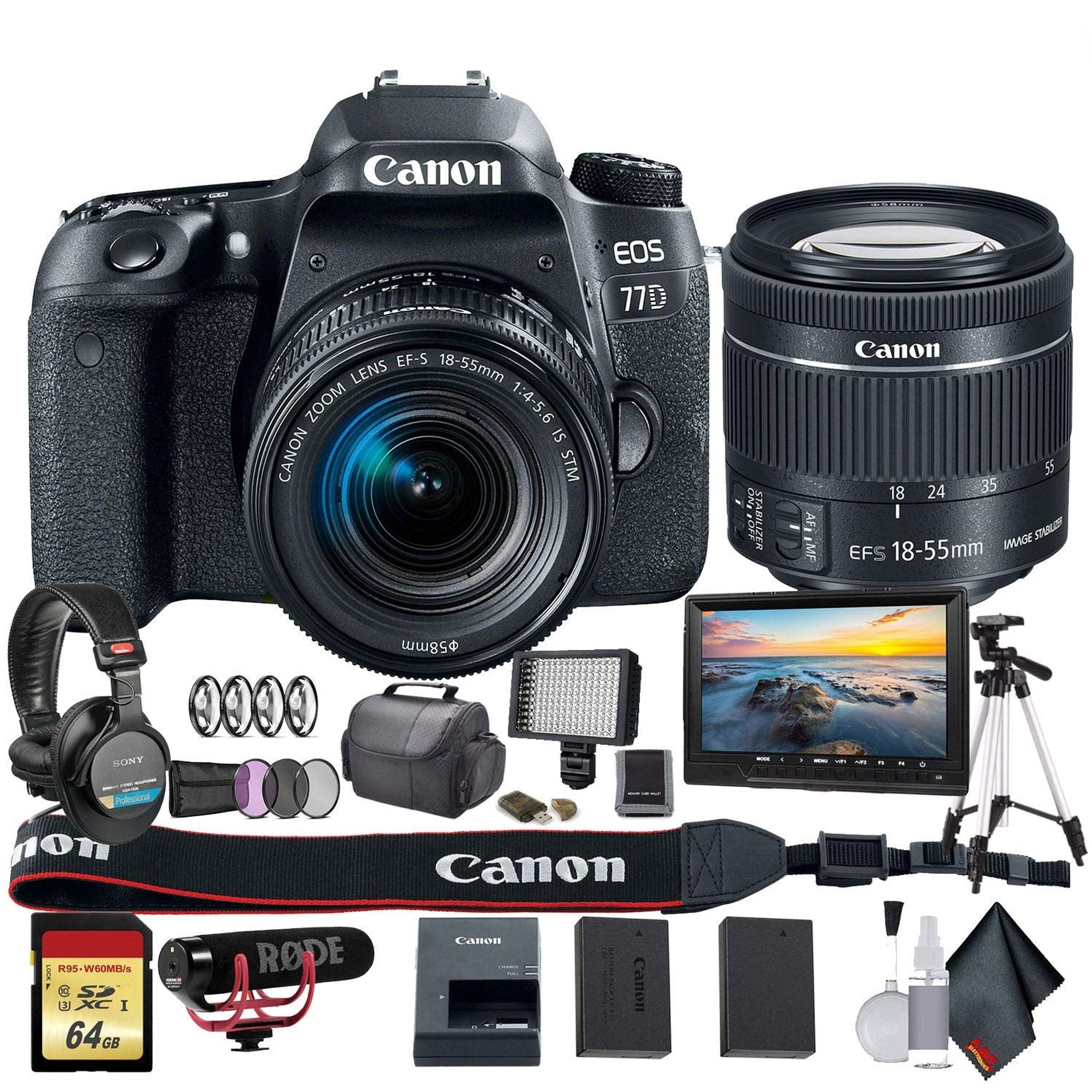 Canon EOS 77D DSLR Camera with 18-55mm Lens International Model 1892C016 W/Bag, Extra Battery, LED Light, Mic, Filte - Used Canon
