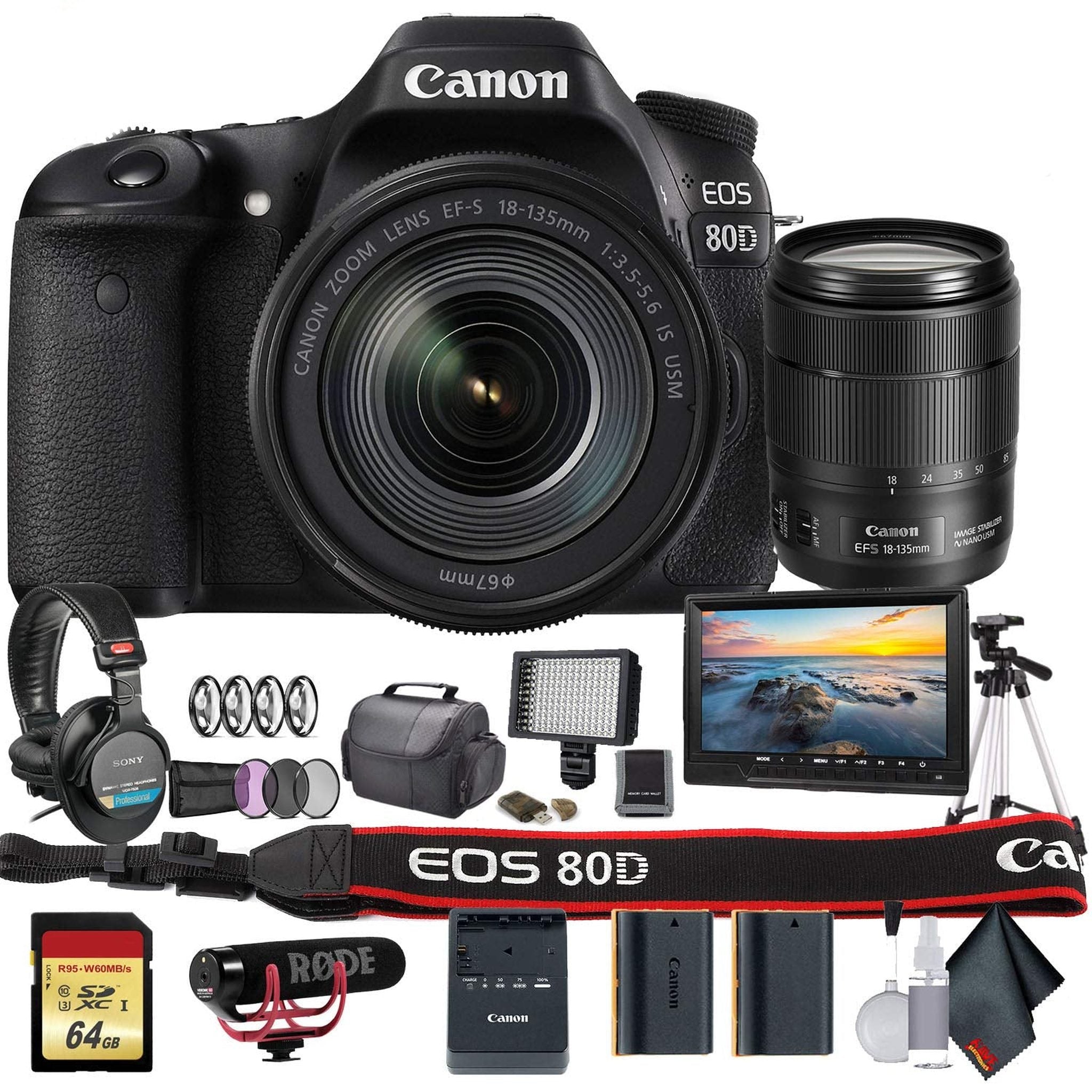 Canon EOS 80D DSLR Camera with 18-135mm Lens 1263C006 W/Bag, Extra Battery, LED Light, Mic, Filters, Tripod, Monitor a - Used Canon
