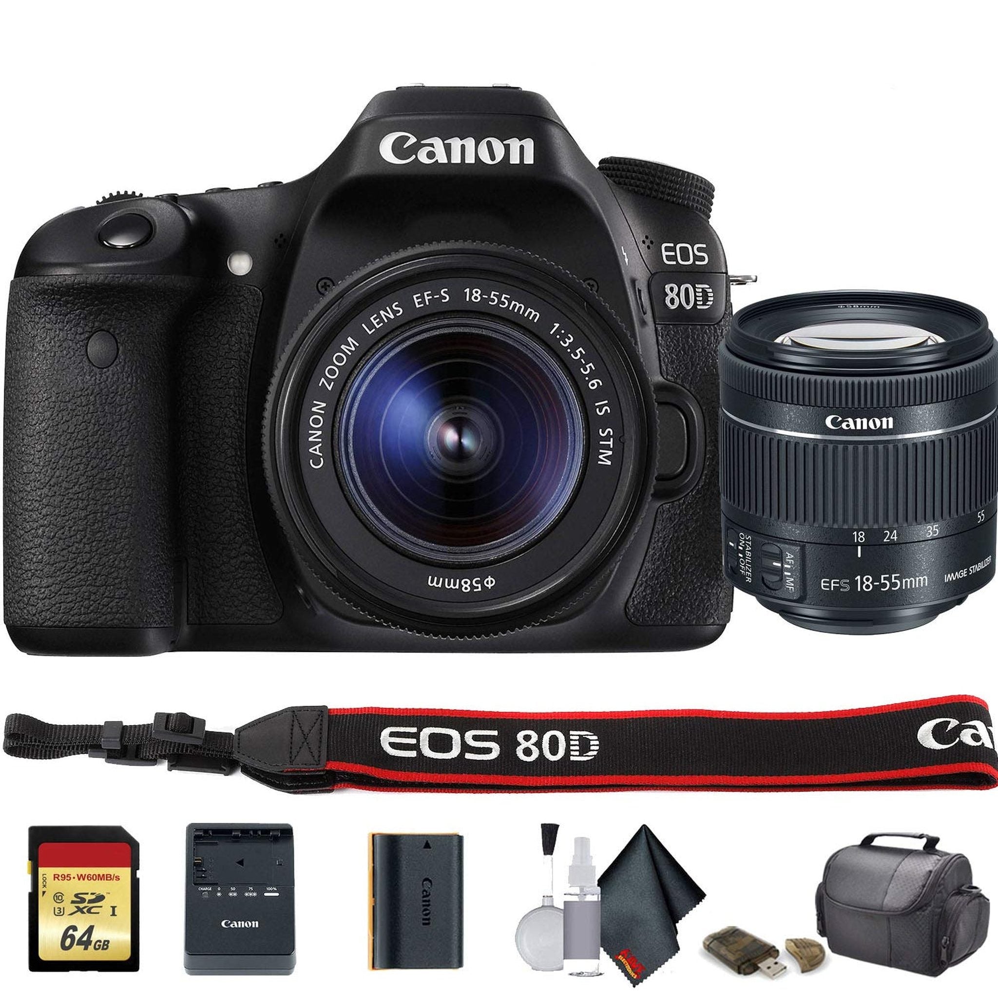 Canon EOS 80D DSLR Camera with 18-55mm Lens International Model 1263C005 - Starter Bundle - Reconditioned Canon