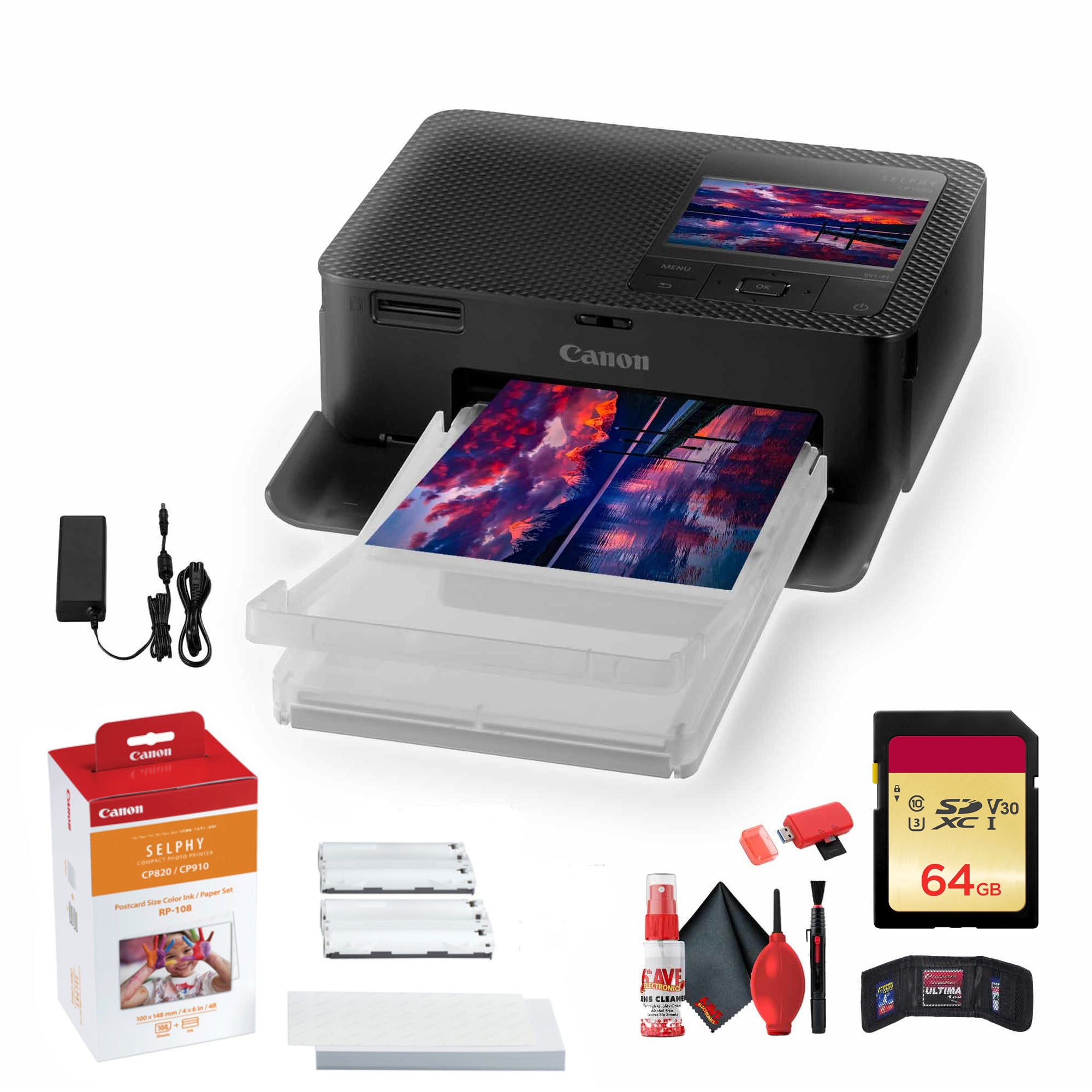 Canon SELPHY CP1500 Photo Printer (Black) + Canon RP-108 Color Ink and Paper Set + More Bundle