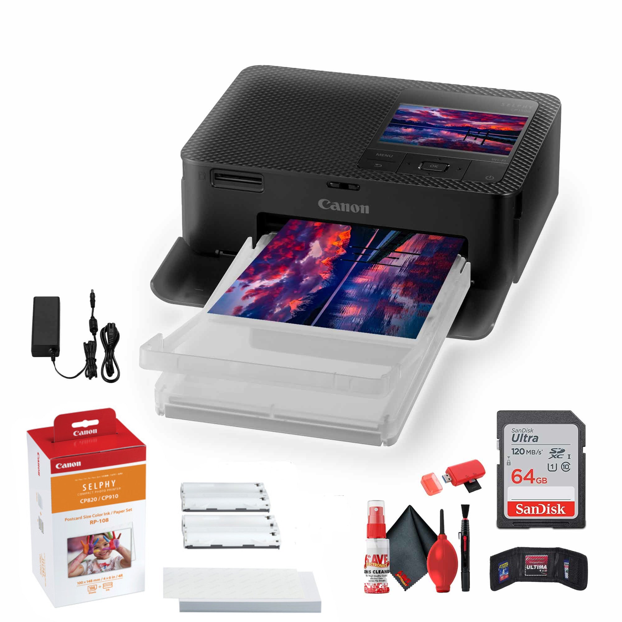 Canon SELPHY CP1500 Photo Printer (Black) + Canon RP-108 Color Ink and Paper Set + More Bundle