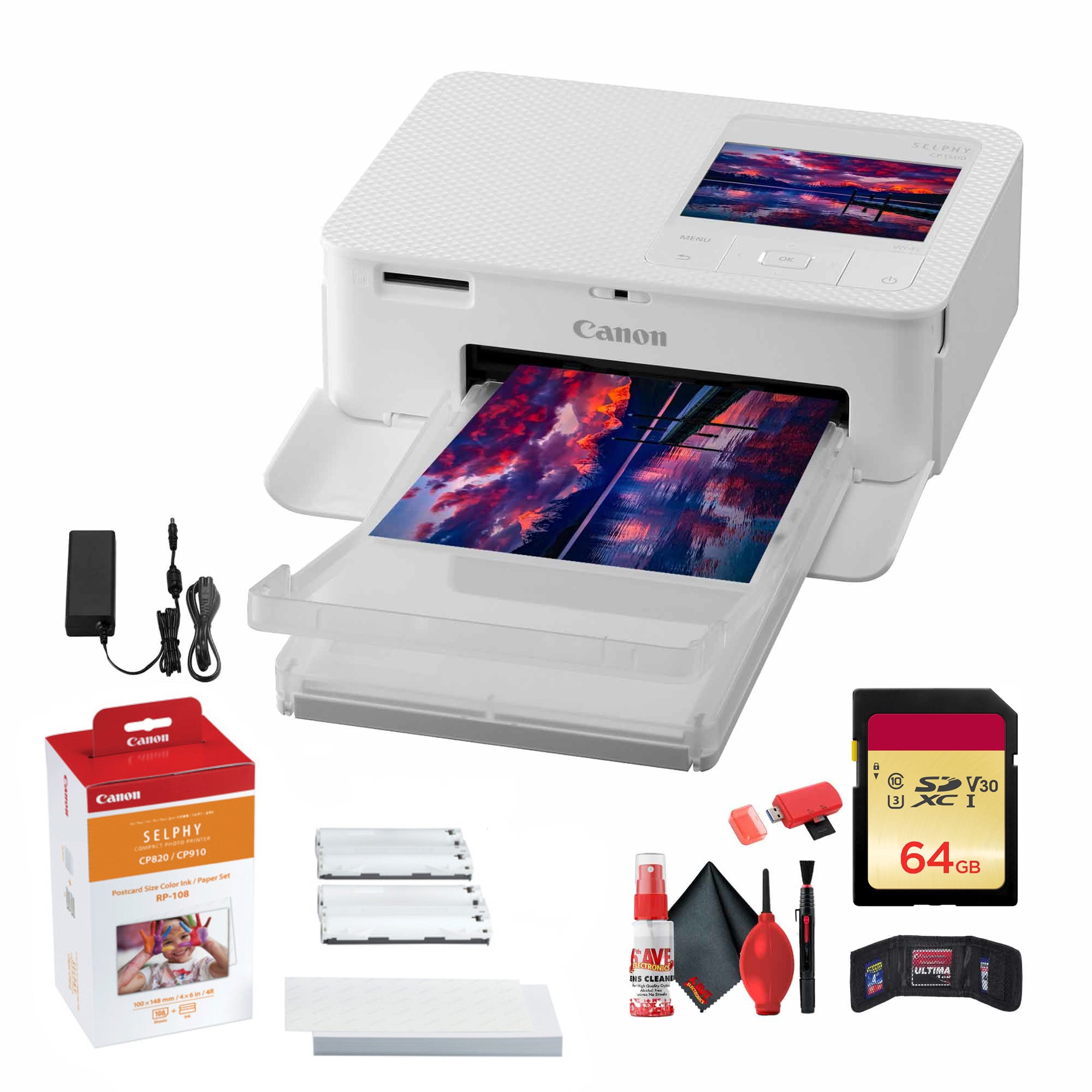 Canon SELPHY CP1500 Photo Printer (White) + Canon RP-108 Color Ink and Paper Set + More Bundle