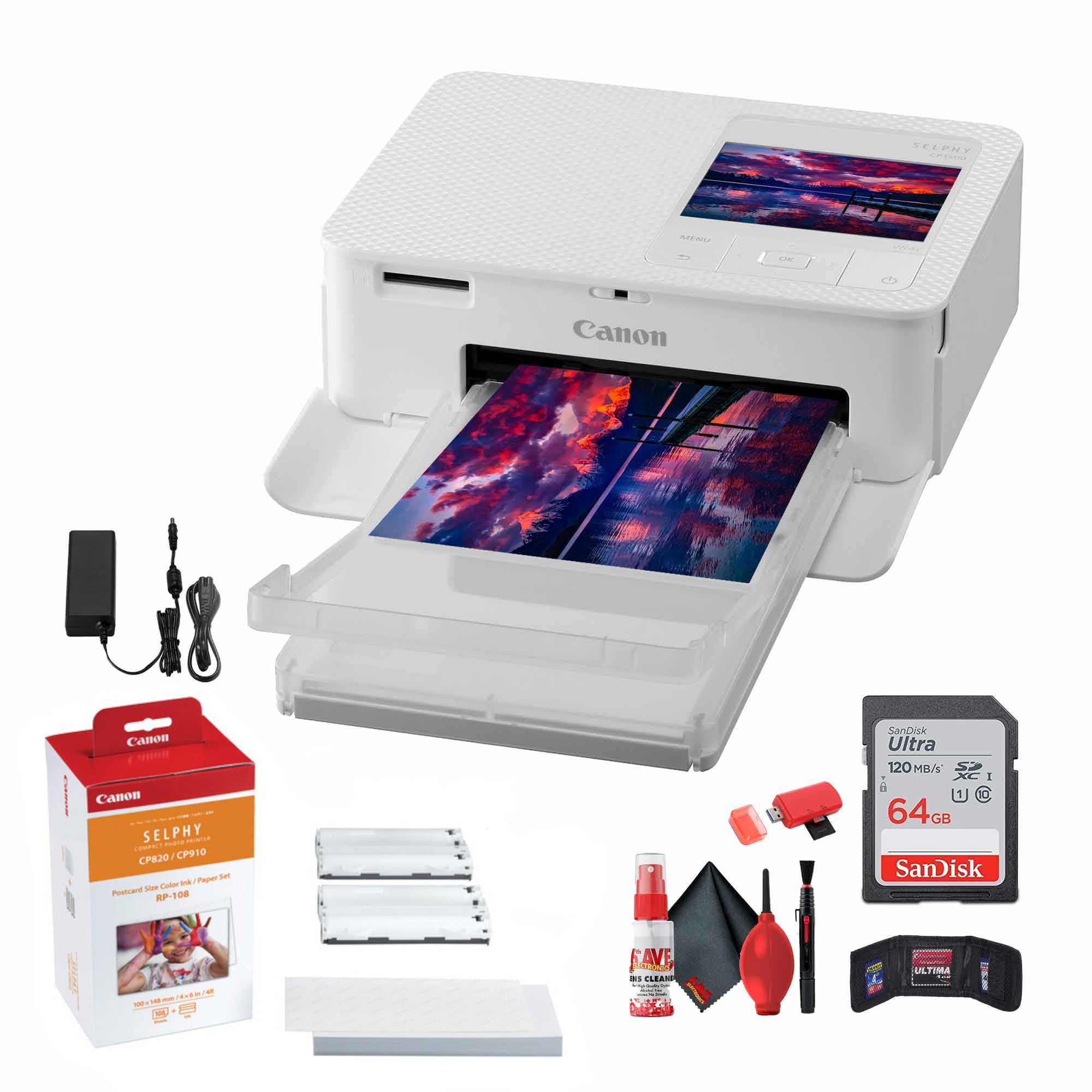 Canon SELPHY CP1500 Photo Printer (White) + Canon RP-108 Color Ink and Paper Set + More Bundle