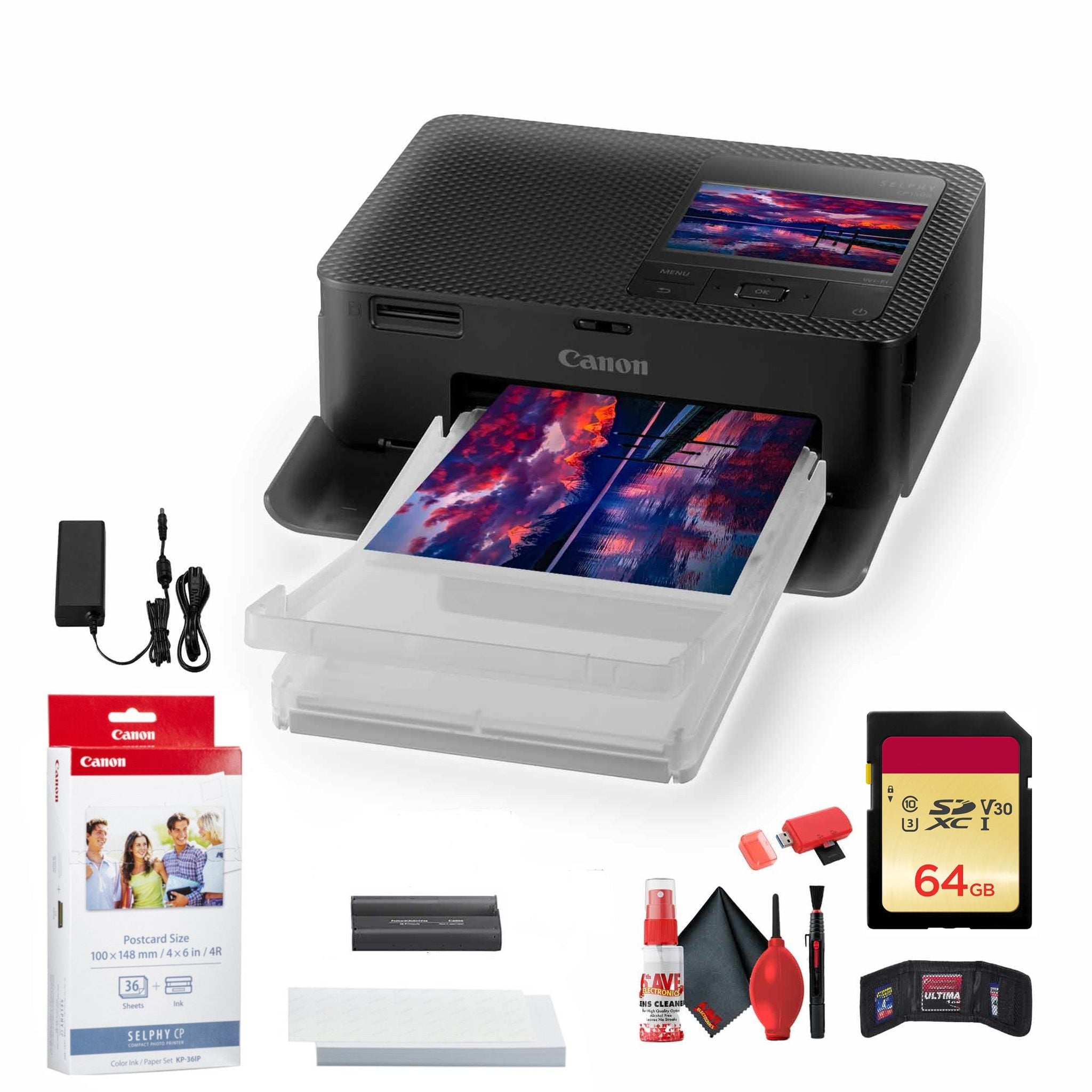 Canon SELPHY CP1500 Photo Printer Black + Canon KP-36IP Color Ink and Paper Set + More Bundle