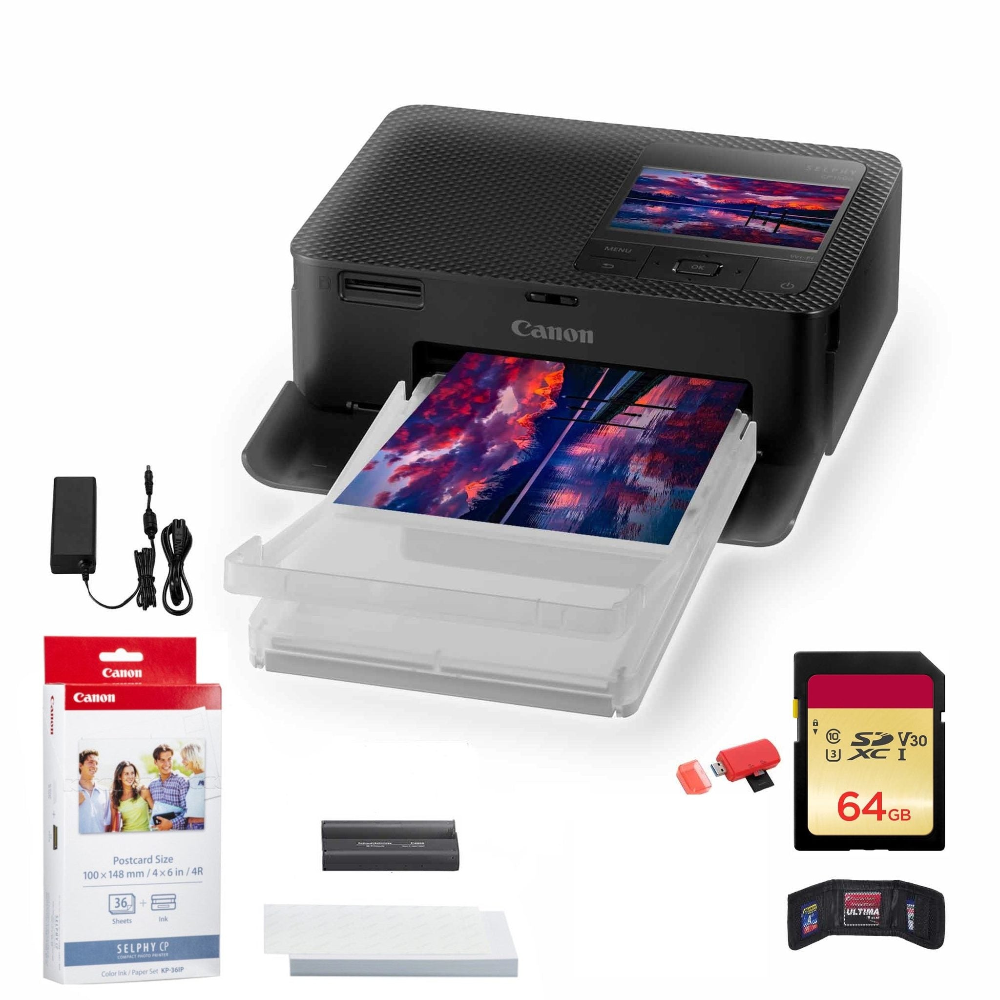 Canon SELPHY CP1500 Photo Printer Black + Canon KP-36IP Color Ink and Paper Set + More Bundle