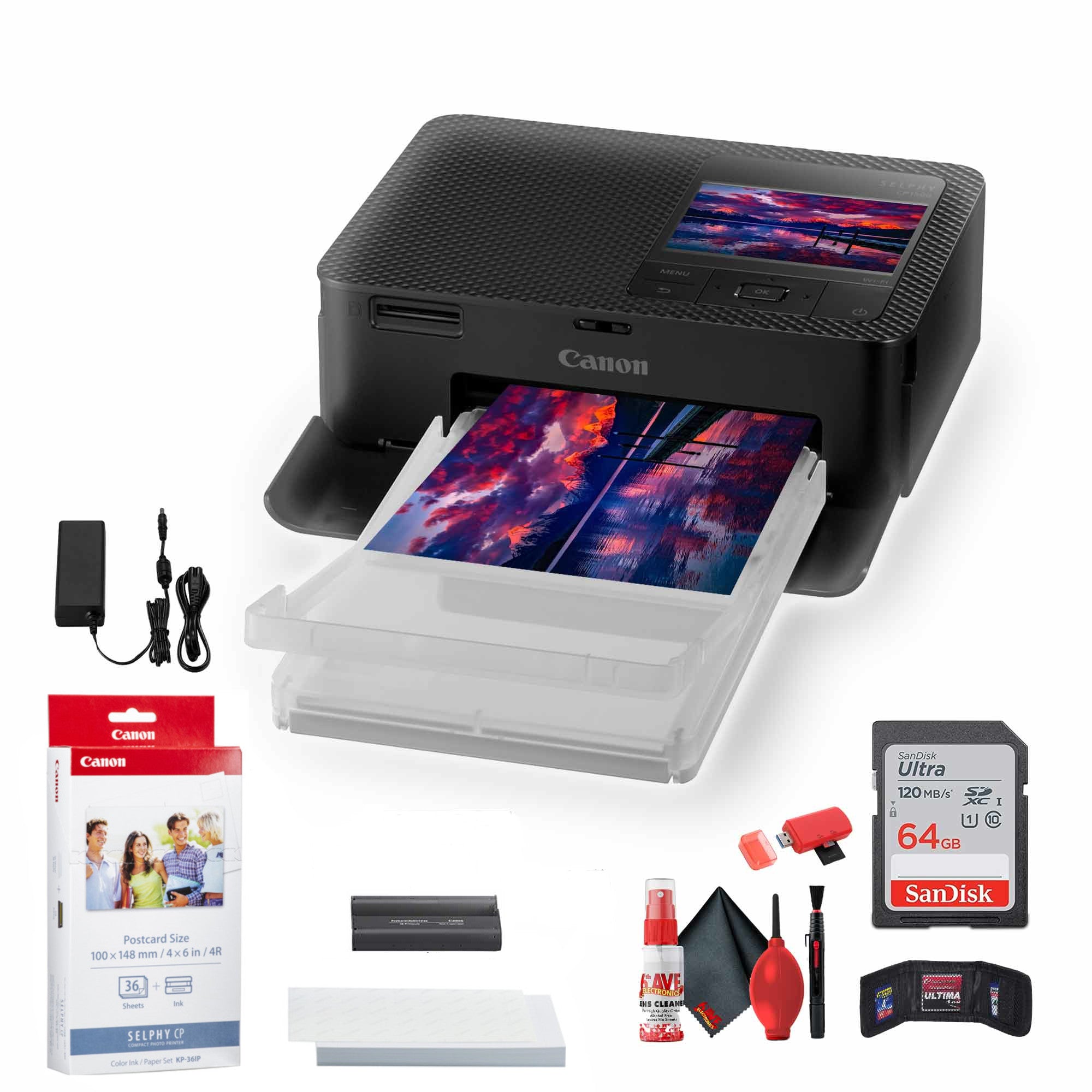 Canon SELPHY CP1500 Photo Printer (Black) + Canon KP-36IP Color Ink and Paper Set + More Bundle