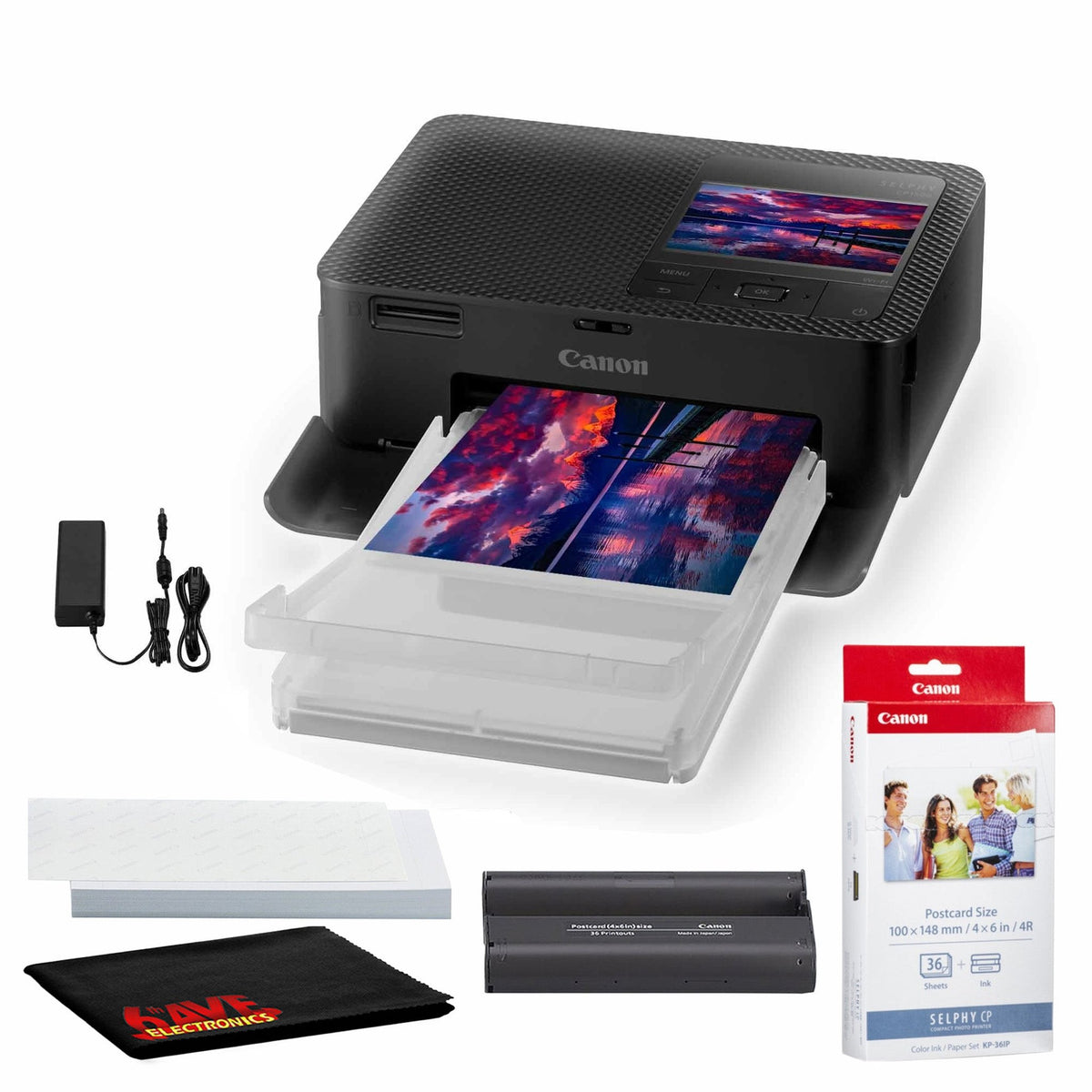 Canon SELPHY CP1500 Photo Printer Black + Canon KP-36IP Color Ink and Paper Set + More Bundle