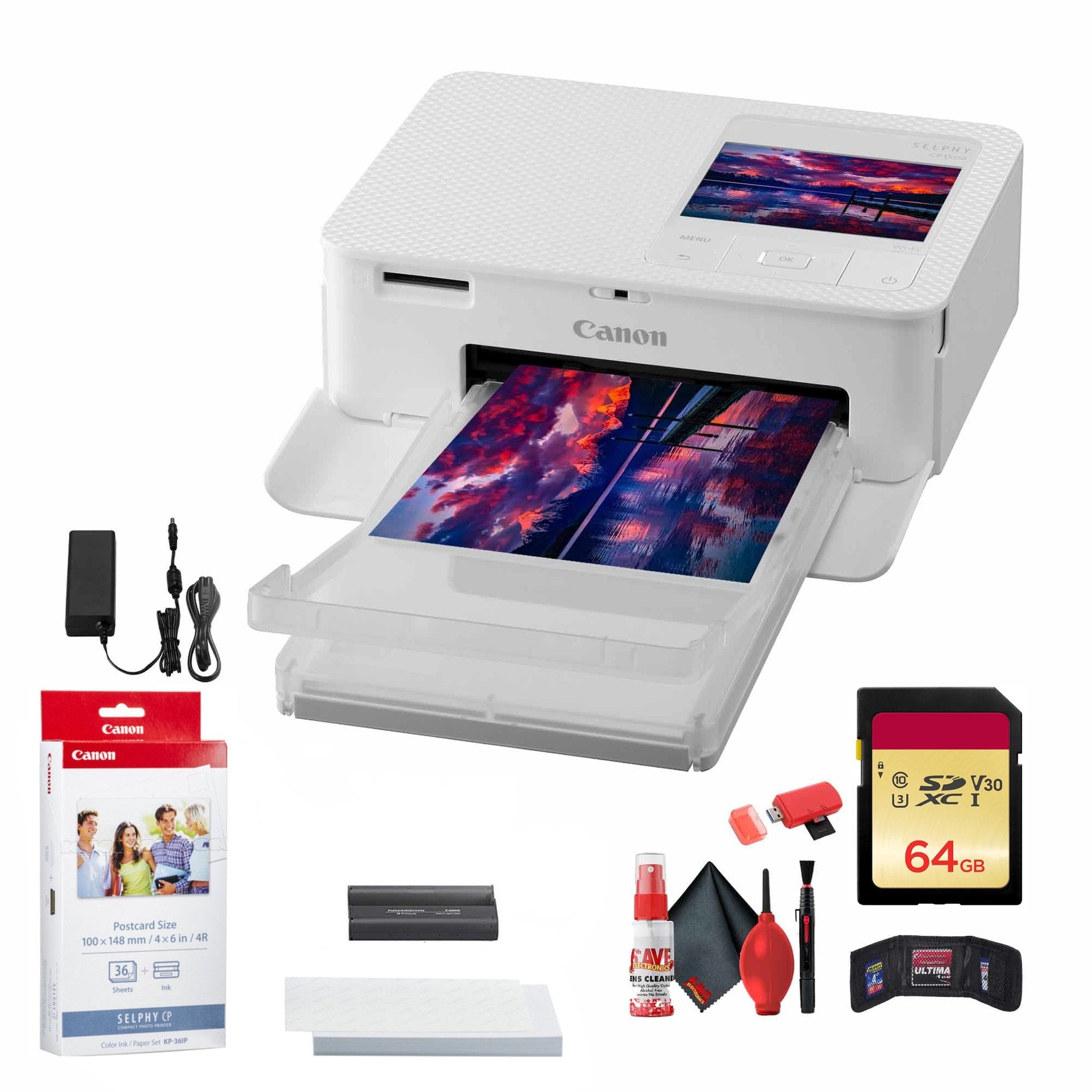 Canon SELPHY CP1500 Photo Printer White + Canon KP-36IP Color Ink and Paper Set + More Bundle
