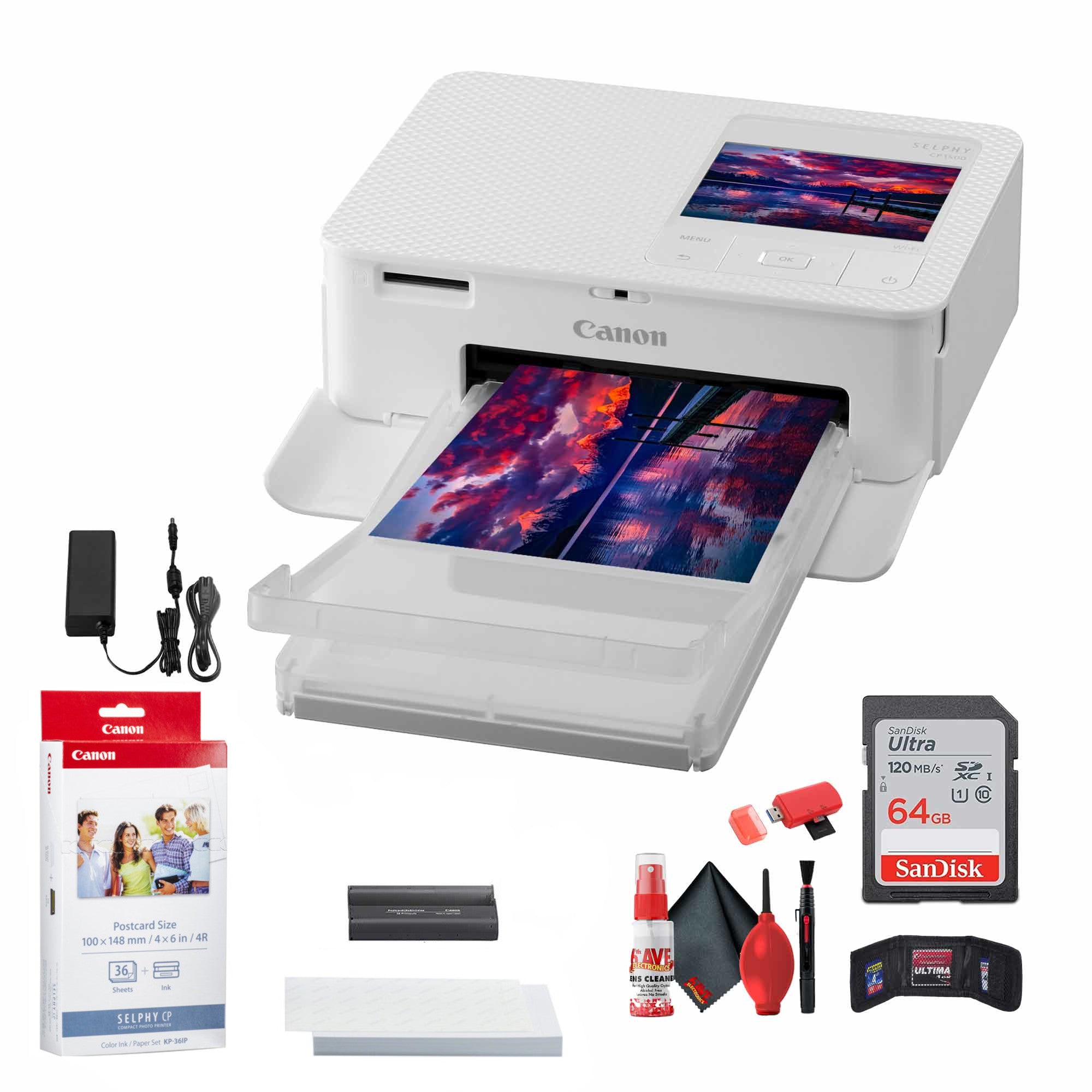 Canon SELPHY CP1500 Photo Printer (White) + Canon KP-36IP Color Ink and Paper Set + More Bundle