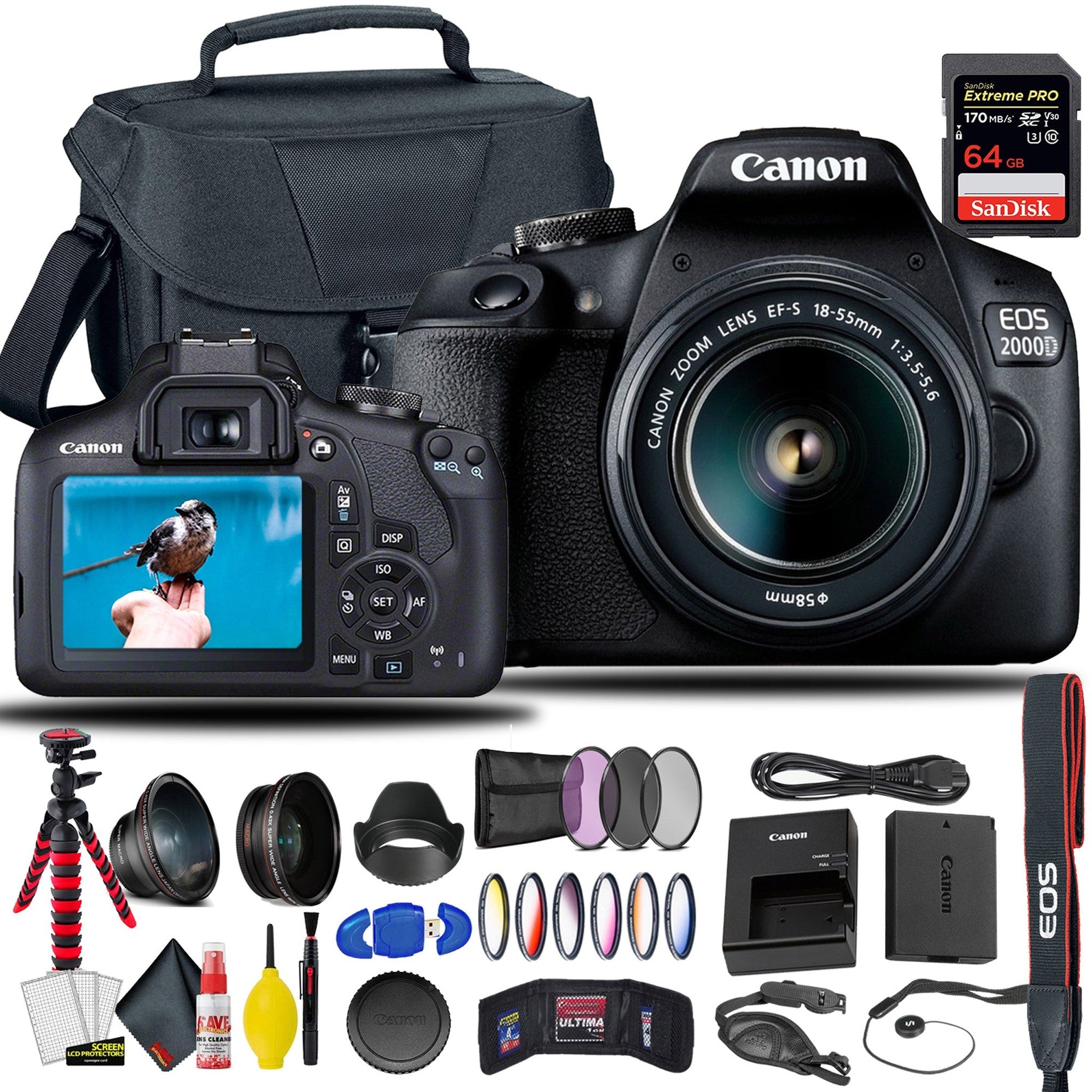 Canon EOS 2000D / Rebel T7 DSLR Camera With 18-55mm Lens + Sandisk Extreme Pro 64GB Card + Creative Filters + EOS Camera Bag + 6AVE Cleaning Set, + More International Model - Used Canon