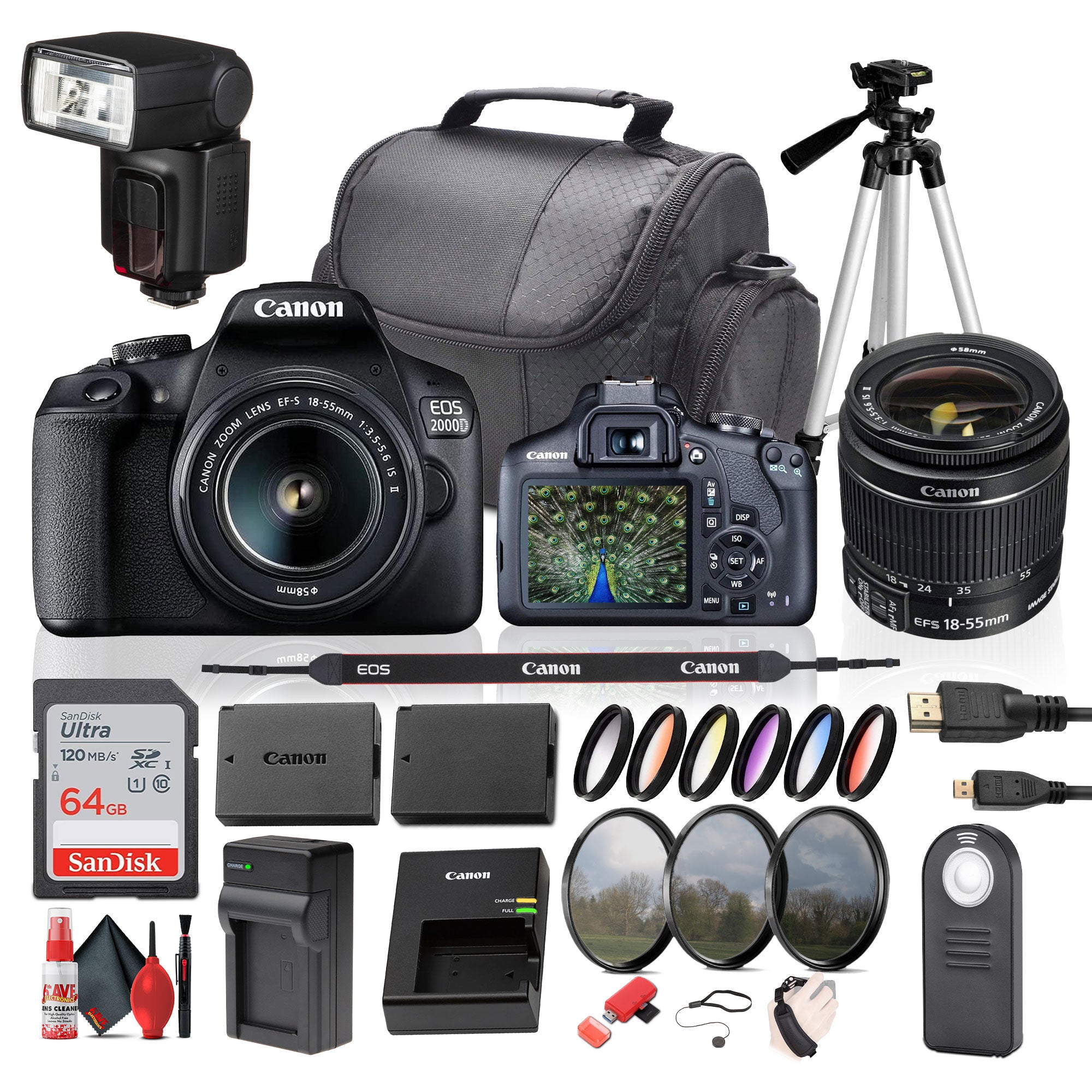 Canon EOS 2000D / Rebel T7 DSLR Camera with 18-55mm Zoom Lens, 64GB Card, Battery, Tripod, Flash, and More Bundle