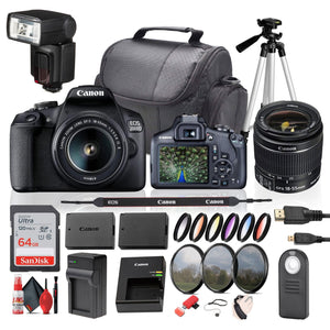 Canon EOS 2000D / Rebel T7 DSLR Camera with 18-55mm Zoom Lens, 64GB Card, Battery, Tripod, Flash, and More Bundle Canon