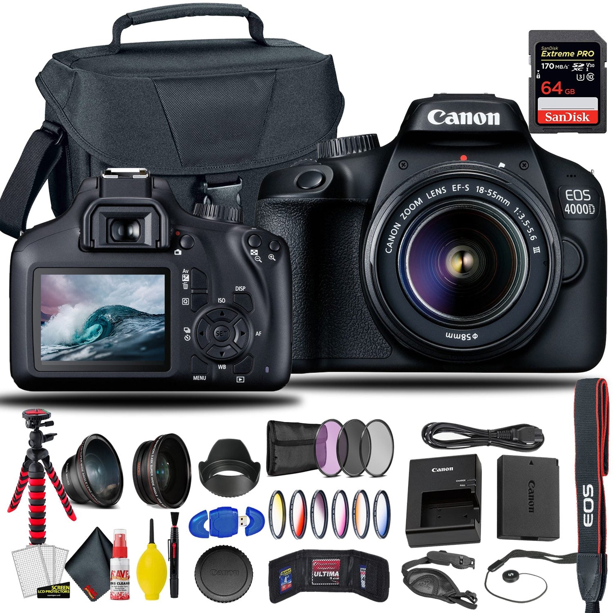 Canon EOS 4000D / Rebel T100 DSLR Camera With 18-55mm Lens + Sandisk Extreme Pro 64GB Card + Creative Filters + EOS Camera Bag + 6AVE Cleaning Set, + More International Model - Reconditioned Canon