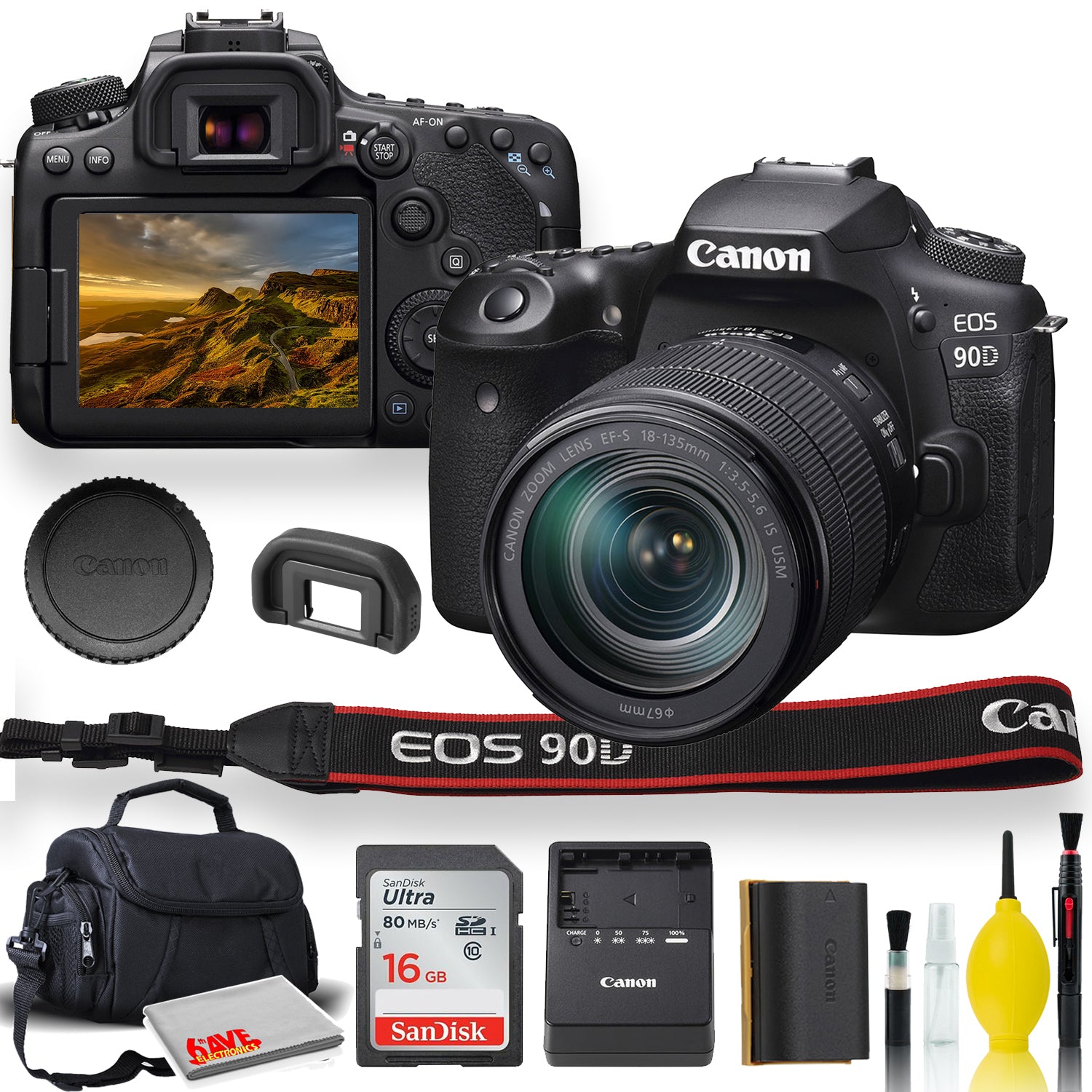 Canon EOS 90D DSLR Camera with 18-135mm Lens With Padded Case, Memory Card, and More - Starter Bundle Set