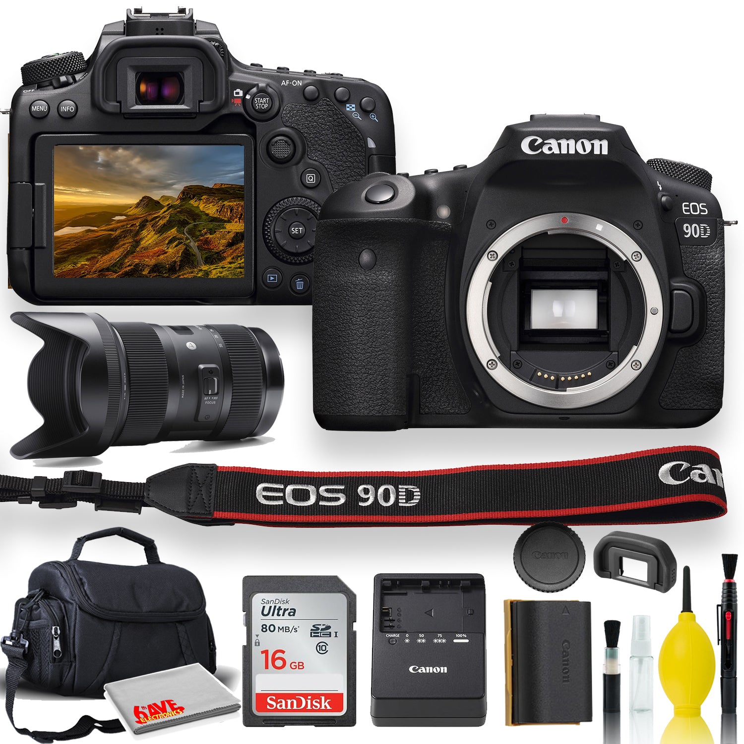 Canon EOS 90D DSLR Camera With Sigma 18-35mm Lens, Soft Padded Case, Memory Card, and More