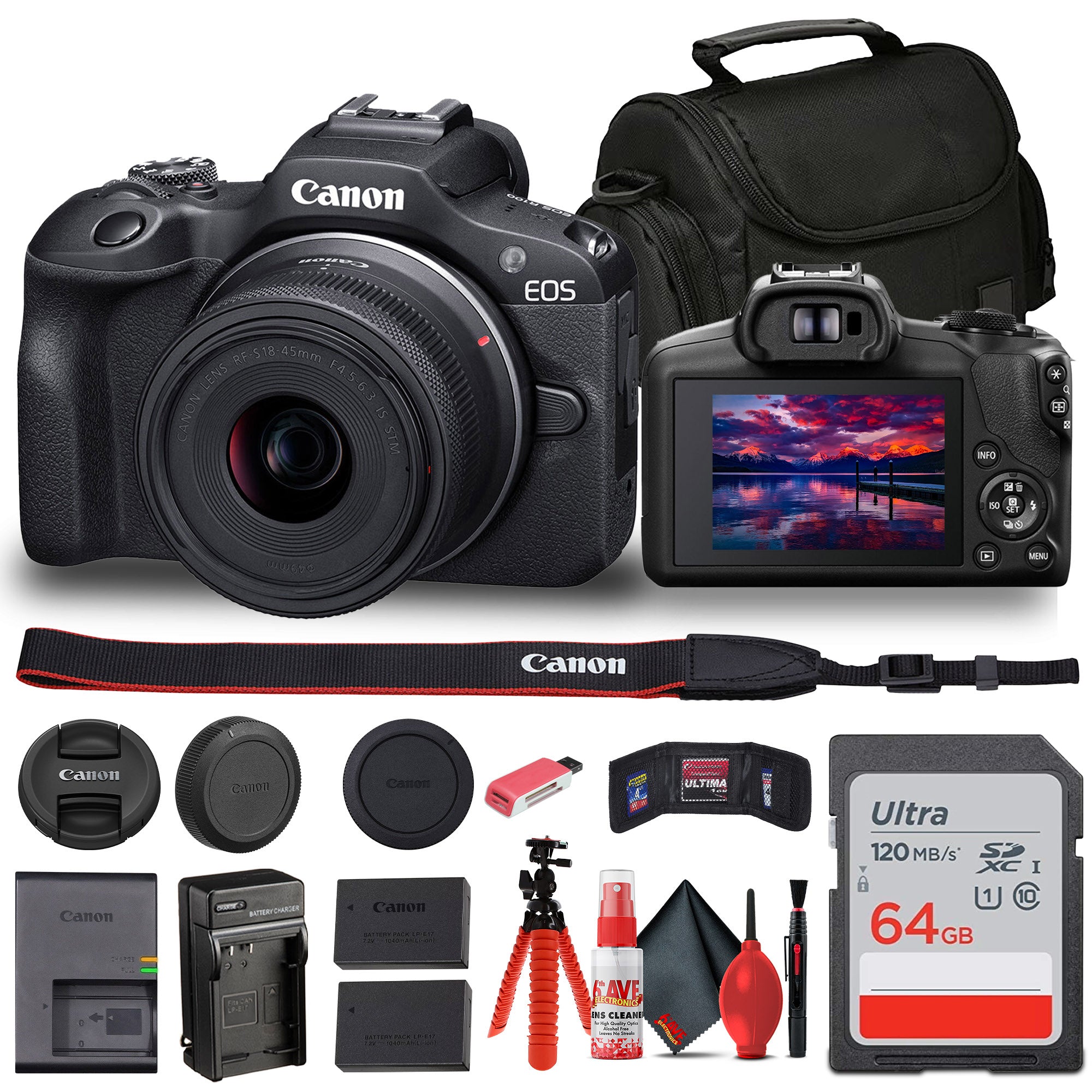 Canon EOS R100 Mirrorless Camera with 18-45mm Lens + Bag + 64GB Card + LPE17 Battery + More