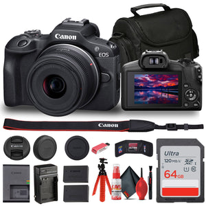 Canon EOS R100 Mirrorless Camera with 18-45mm Lens + Bag + 64GB Card + LPE17 Battery + More