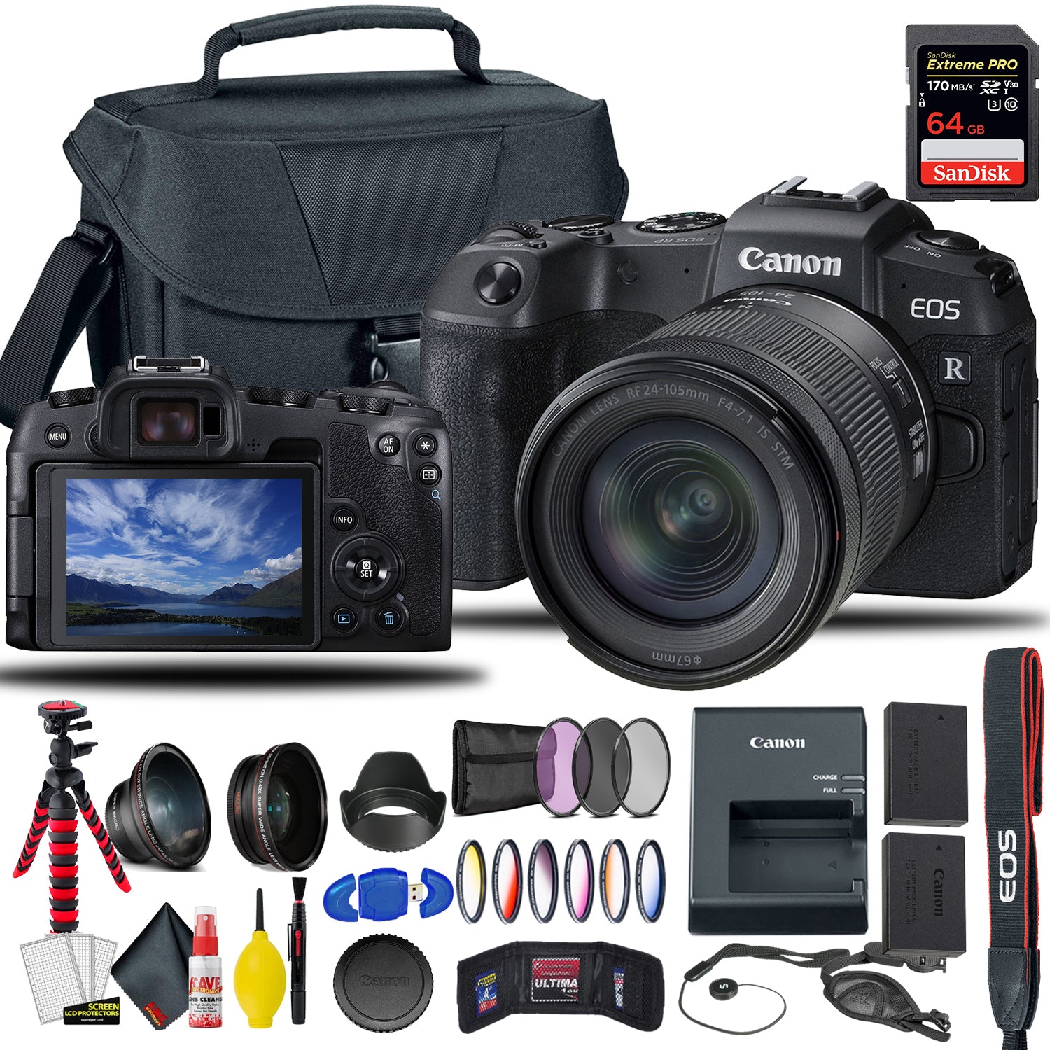 Canon EOS RP Mirrorless Digital Camera with 24-105mm f/4-7.1 Lens + Extra Canon Battery, Creative Filters + EOS Camera Bag + Sandisk Extreme Pro 64GB Card + 6AVE Cleaning Set, + More