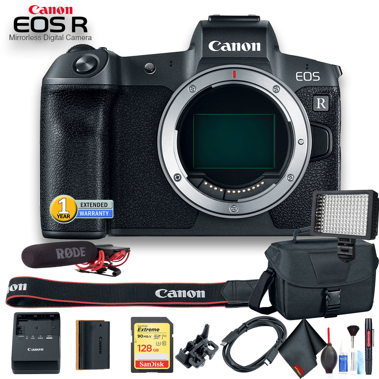 Canon EOS R Mirrorless Digital Camera International Model (3075C002) W/Bag, Extra Battery, Rode Mic, Extended Warranty Bundle