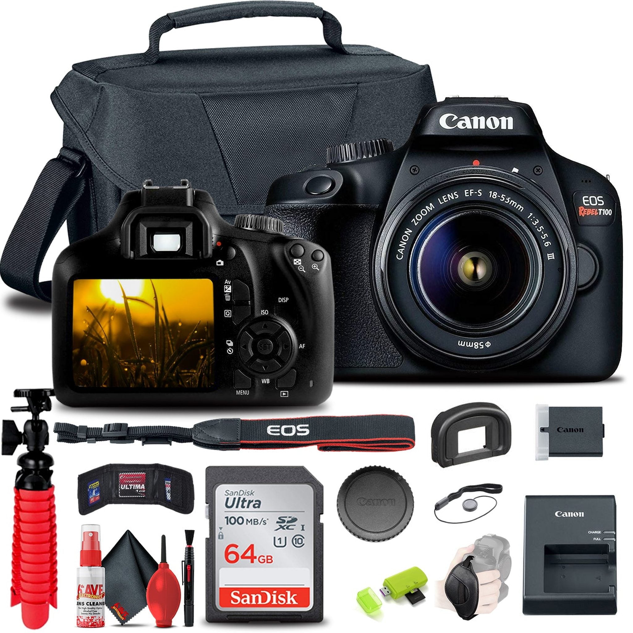 Canon EOS Rebel T100 / 4000D DSLR Camera with 18-55mm Lens + 64GB Card + More - Used Canon