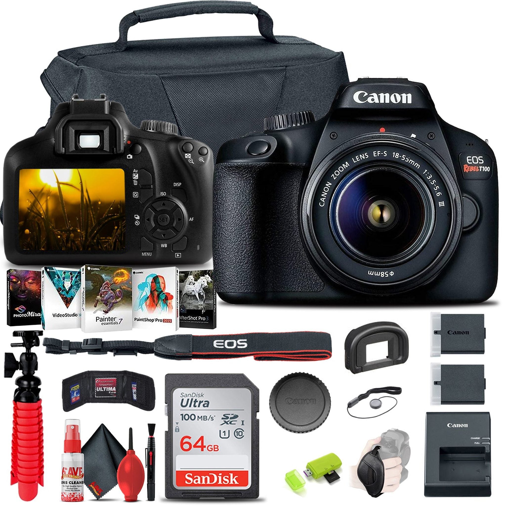 Canon EOS Rebel T100 / 4000D DSLR Camera with 18-55mm Lens + 64GB Card + More - Used Canon