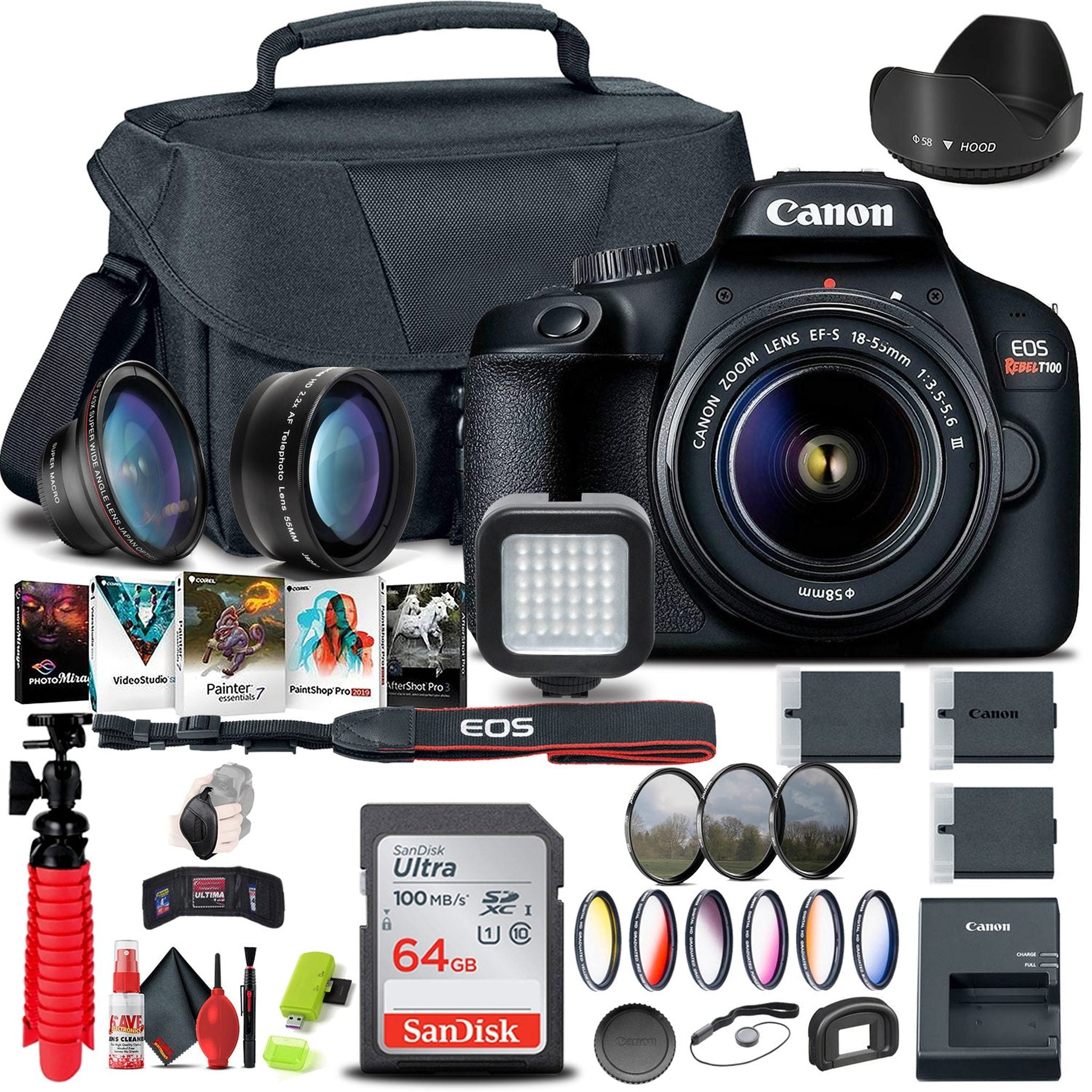 Canon EOS Rebel T100 / 4000D DSLR Camera with 18-55mm Lens + 64GB Card + More - Used Canon