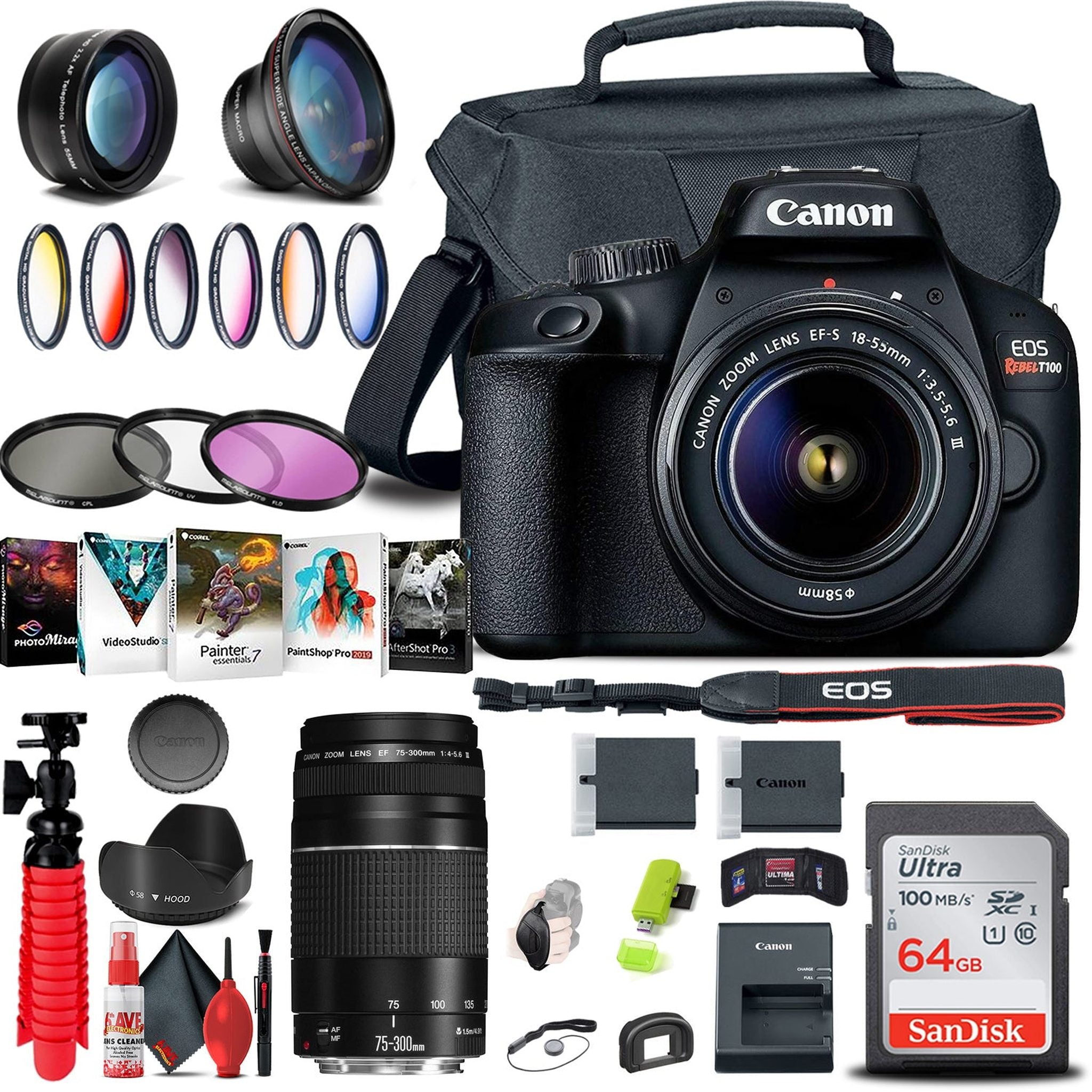 Canon EOS Rebel T100 / 4000D DSLR Camera with 18-55mm Lens + EF 75-300mm + More - Used Canon