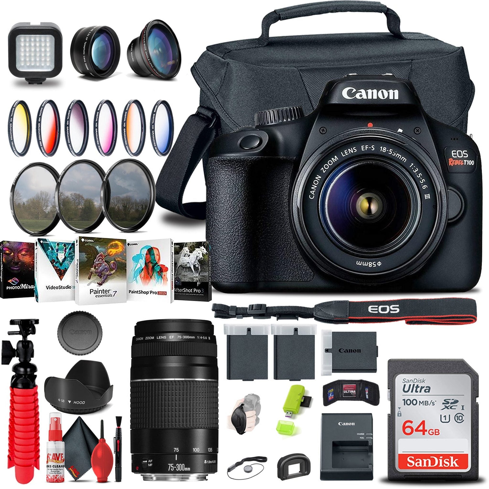 Canon EOS Rebel T100 / 4000D DSLR Camera with 18-55mm Lens + EF 75-300mm Outdoor bundle Canon Intl.
