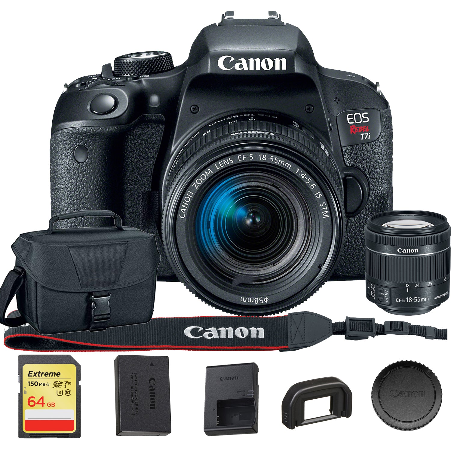 Canon EOS Rebel T7i DSLR Camera with 18-55mm Lens 1894C002, With Canon Bag, and 64GB Memory Card - Accessory Kit
