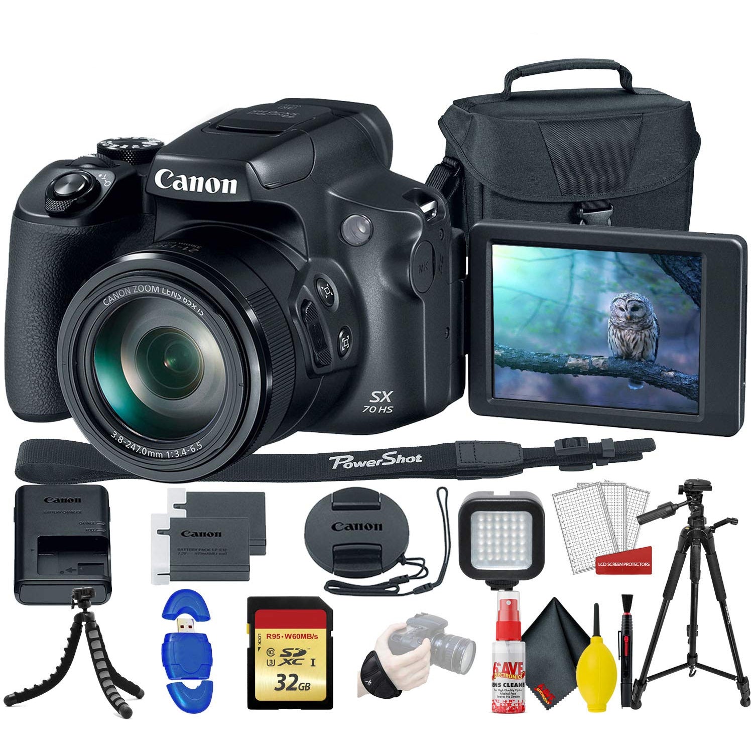 Canon PowerShot SX70 HS Digital Camera With 32GB Memory Card, Padded Case, Spider Tripod, LED Light, Extra Battery, Full Size Tripod,m Cleaning Kit,