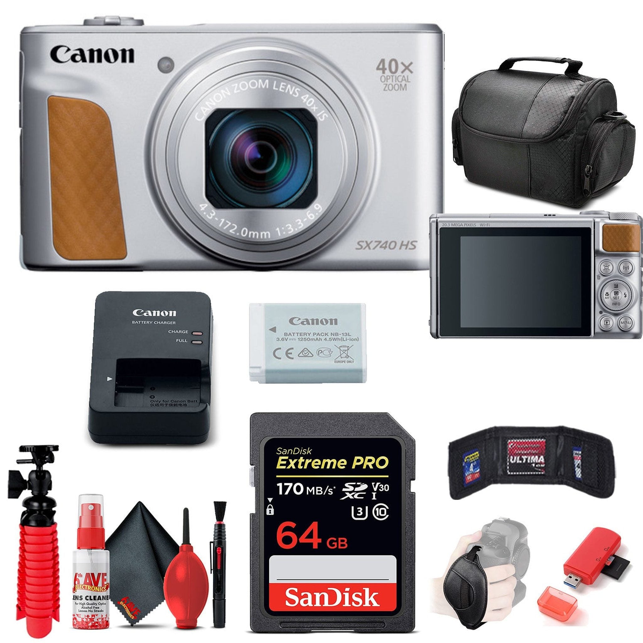 Canon PowerShot SX740 HS Digital Camera Silver 2956C001 + 64GB Card + More Canon