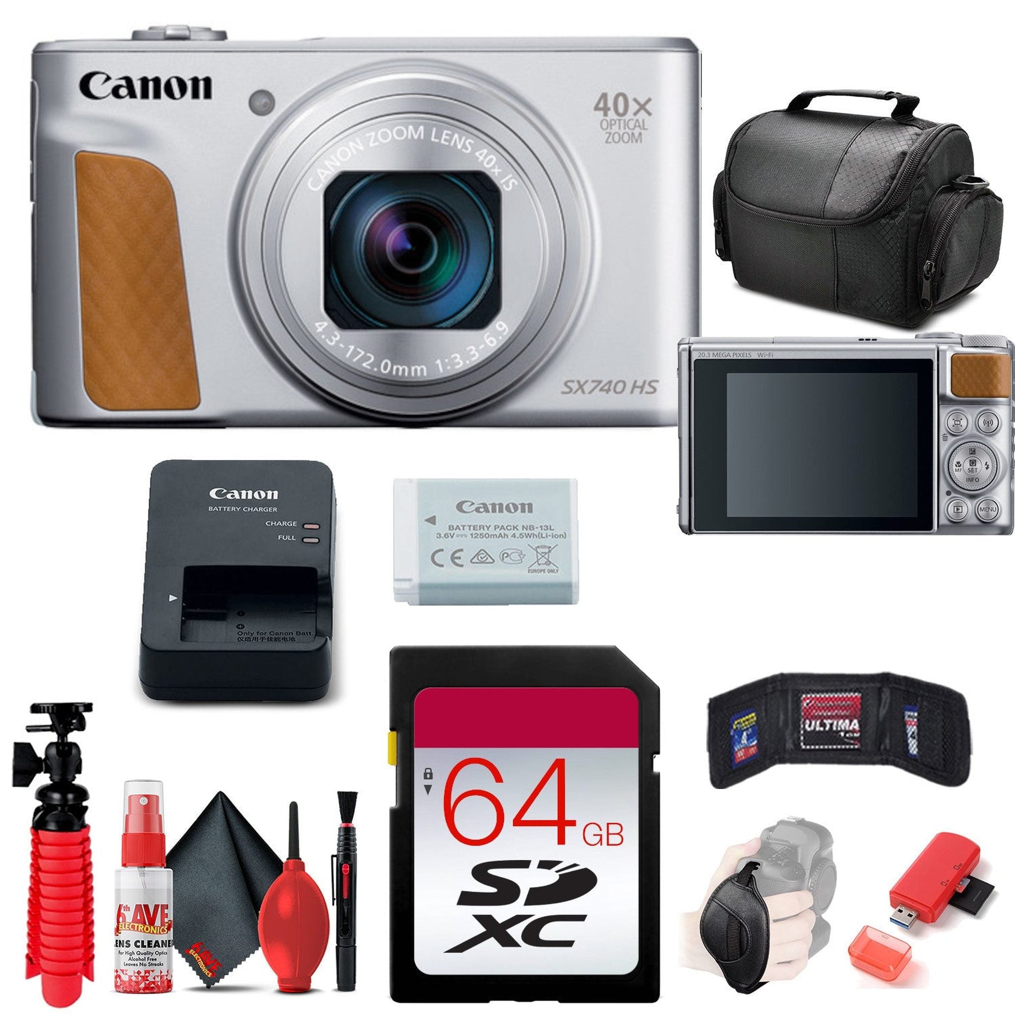 Canon PowerShot SX740 HS Camera Silver 2956C001 + 64GB Card + More