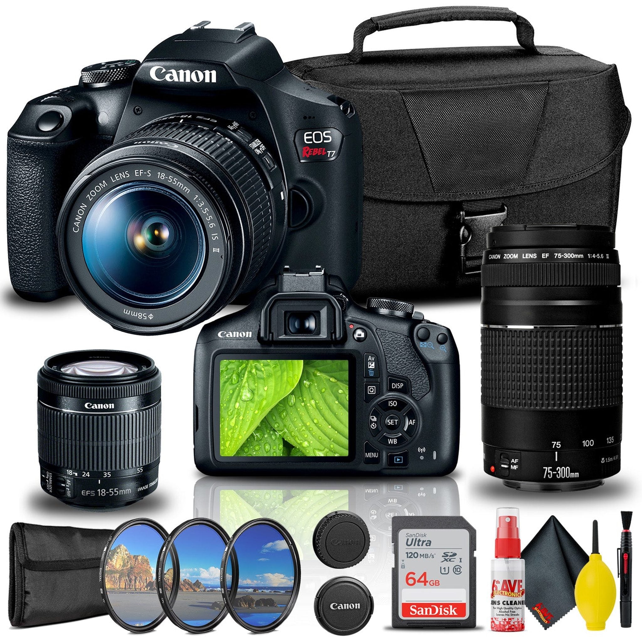Canon EOS Rebel T7 DSLR Camera with 18-55mm and 75-300mm Lenses + Creative Filter Set + EOS Camera Bag + Sandisk Ultra 64GB Card + Cleaning Set, And More - Reconditioned Canon