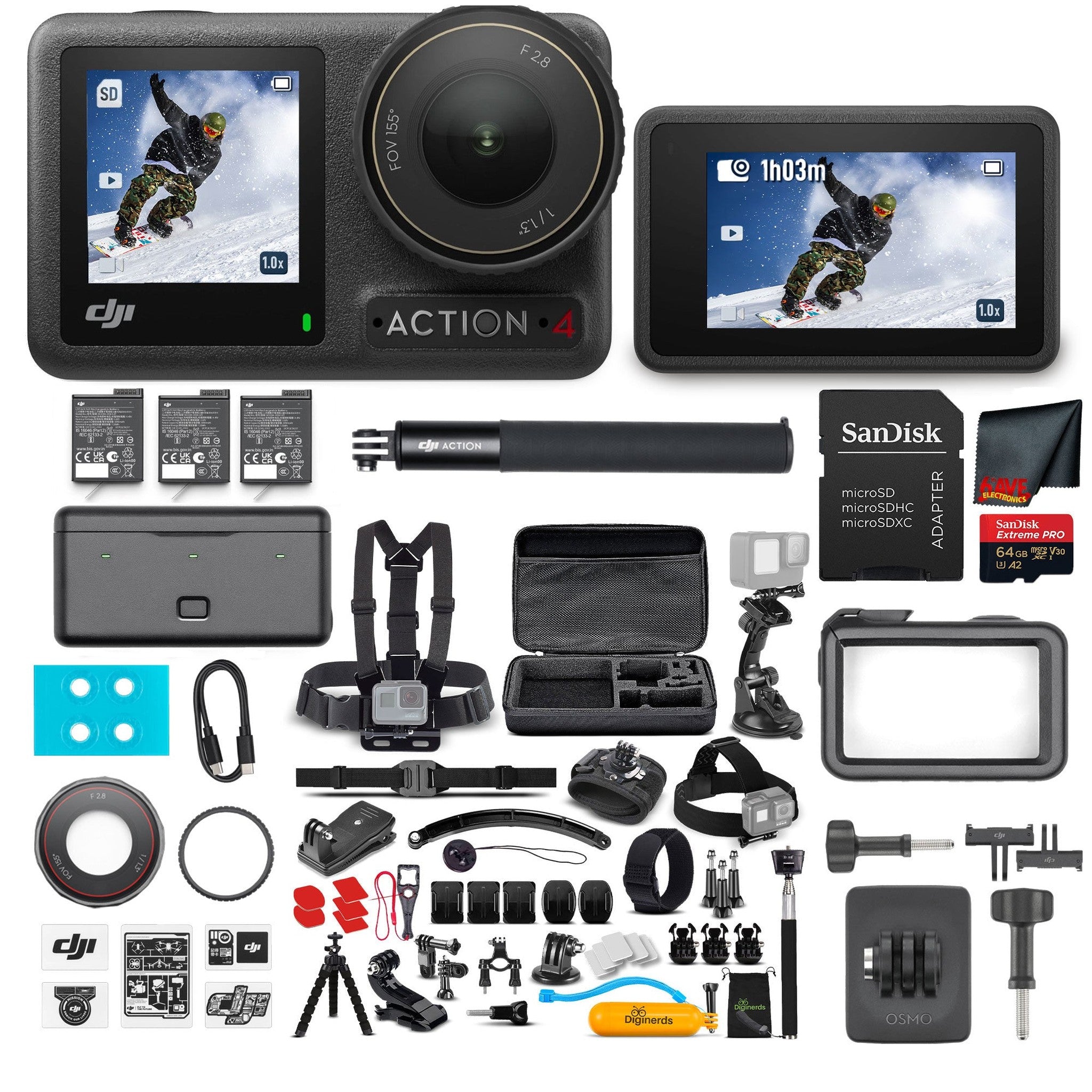 DJI Osmo Action 4 Camera Adventure Combo - WaterProof Action Camera With 50-In-1 Action Kit DJI