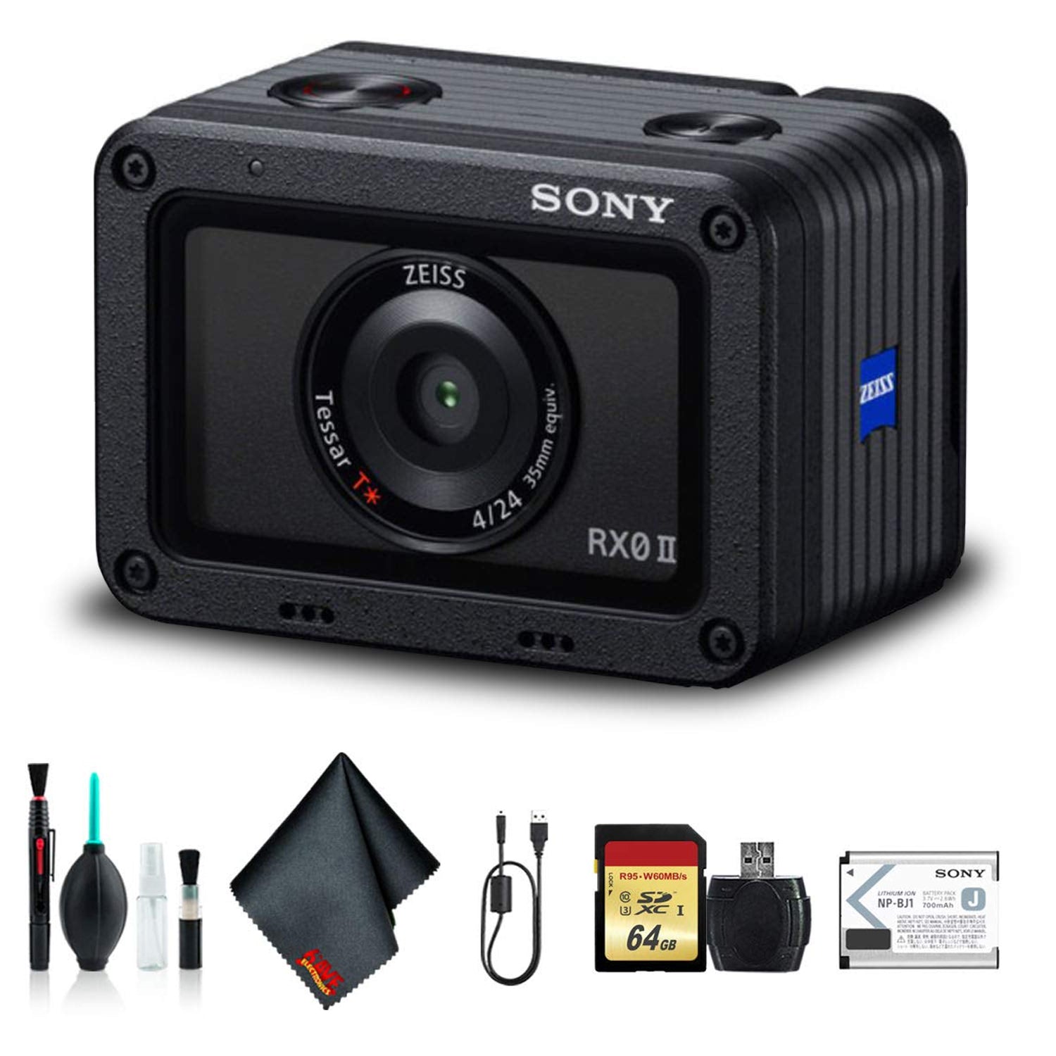 Sony Cyber-shot DSC-RX0 II Camera DSC-RX0M2 With Soft Bag, 64GB Memory Card, Card Reader , Plus Essential Accessories