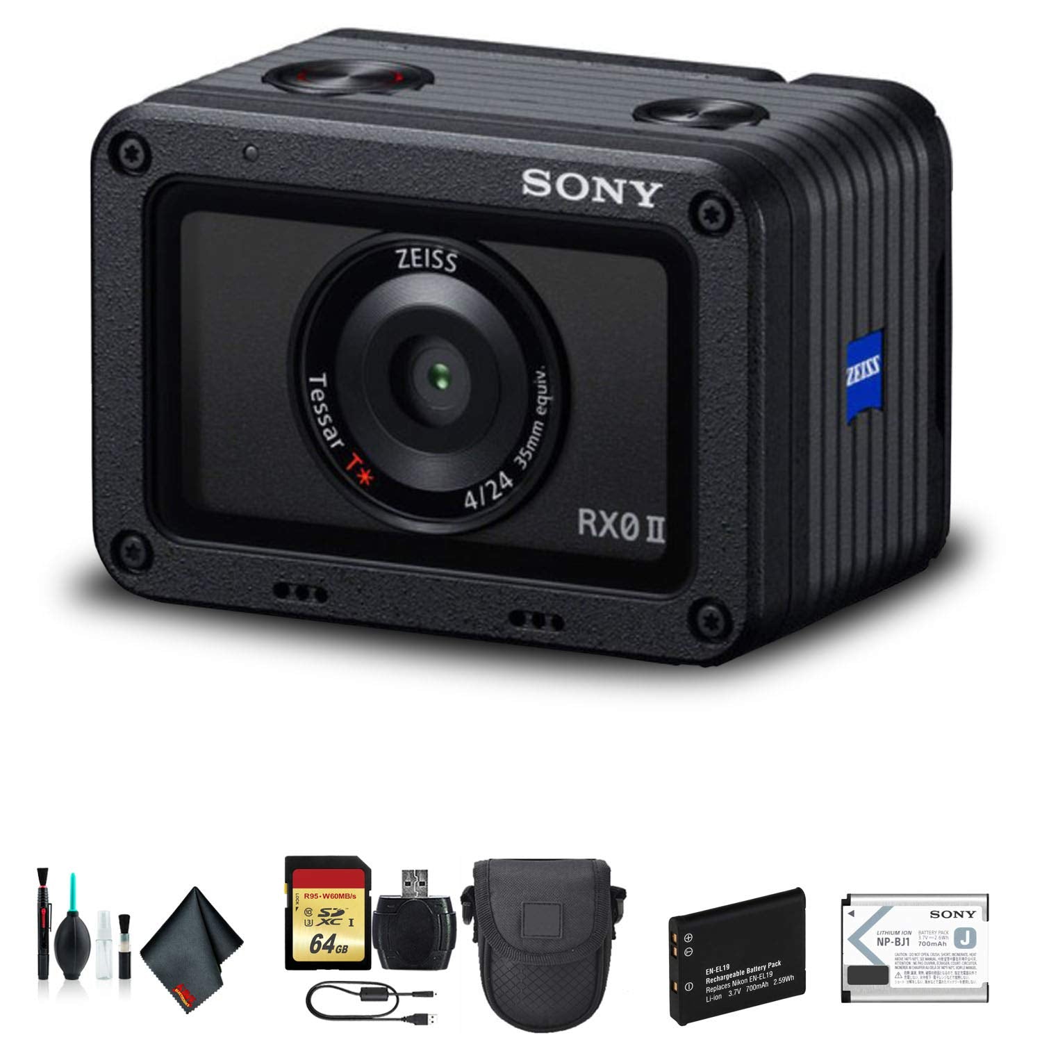 Sony Cyber-shot DSC-RX0 II Camera DSC-RX0M2 With Soft Bag, Additional Battery, 64GB Memory Card, Card Reader , Plus Essential Accessories