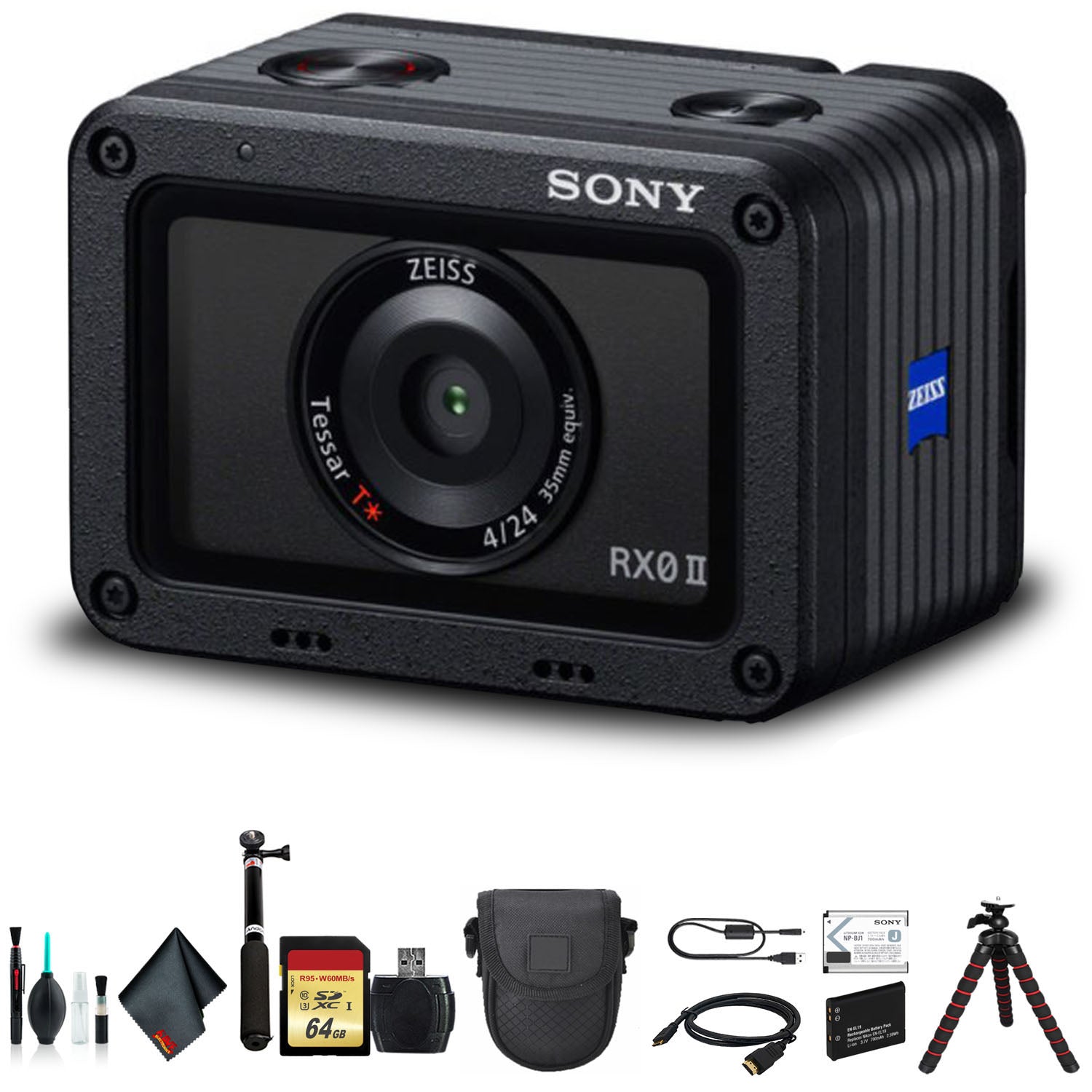 Sony Cyber-shot DSC-RX0 II Camera DSC-RX0M2 With Soft Bag, Tripod, Additional Battery, 64GB Memory Card, Card Reader , Plus Essential Accessories