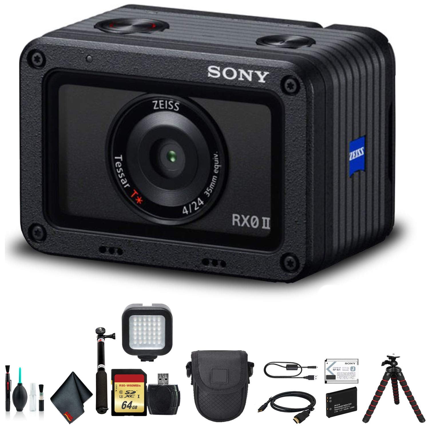 Sony Cyber-shot DSC-RX0 II Camera DSC-RX0M2 With Soft Bag, Tripod, 2x Extra Batteries, LED Light, 2x 64GB Memory Card, Card Reader , Plus Essential
