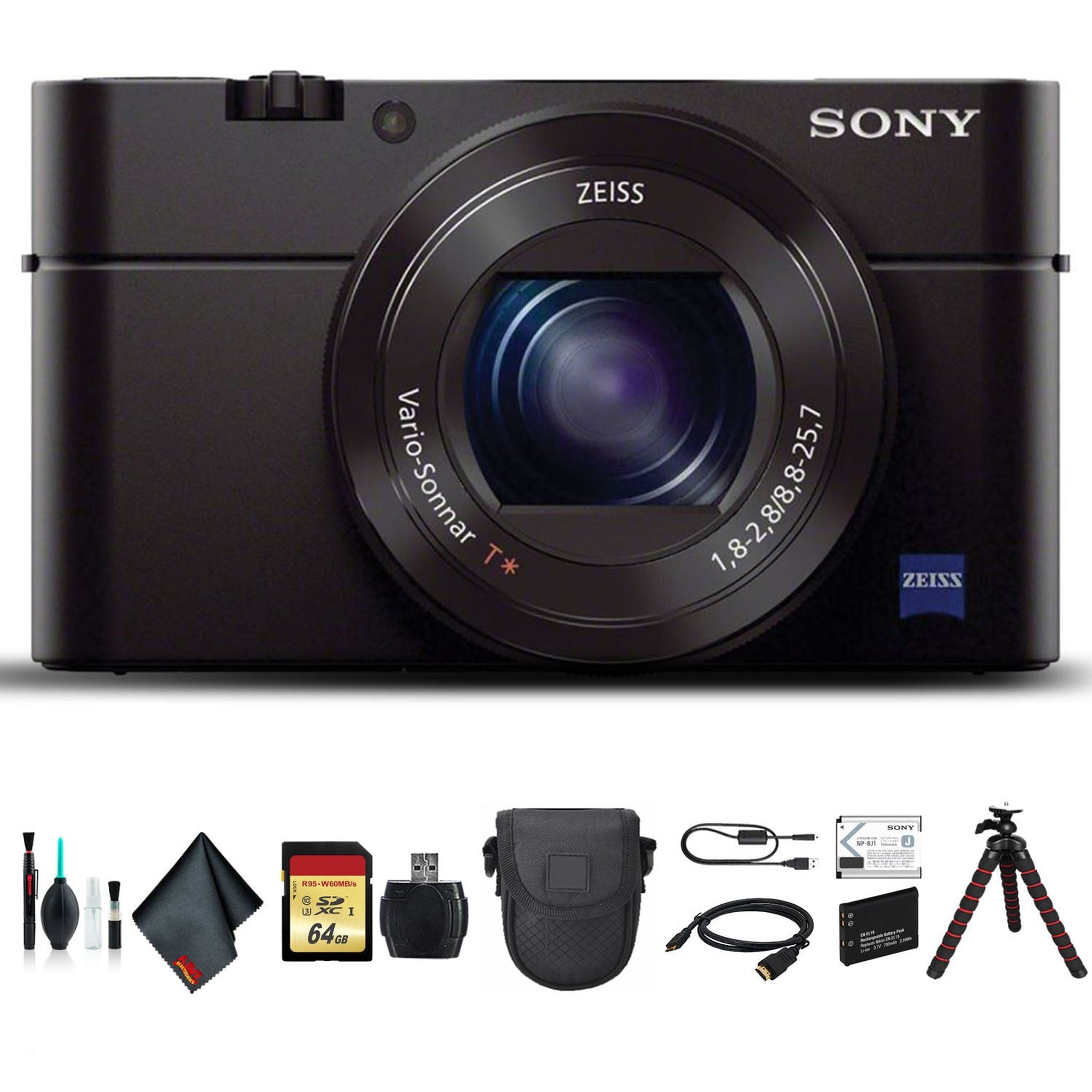 Sony Cyber-shot DSC-RX100 III Camera DSCRX100M3/B With Soft Bag, Tripod, Additional Battery, 64GB Memory Card, Card Reader , Plus Essential Accessories
