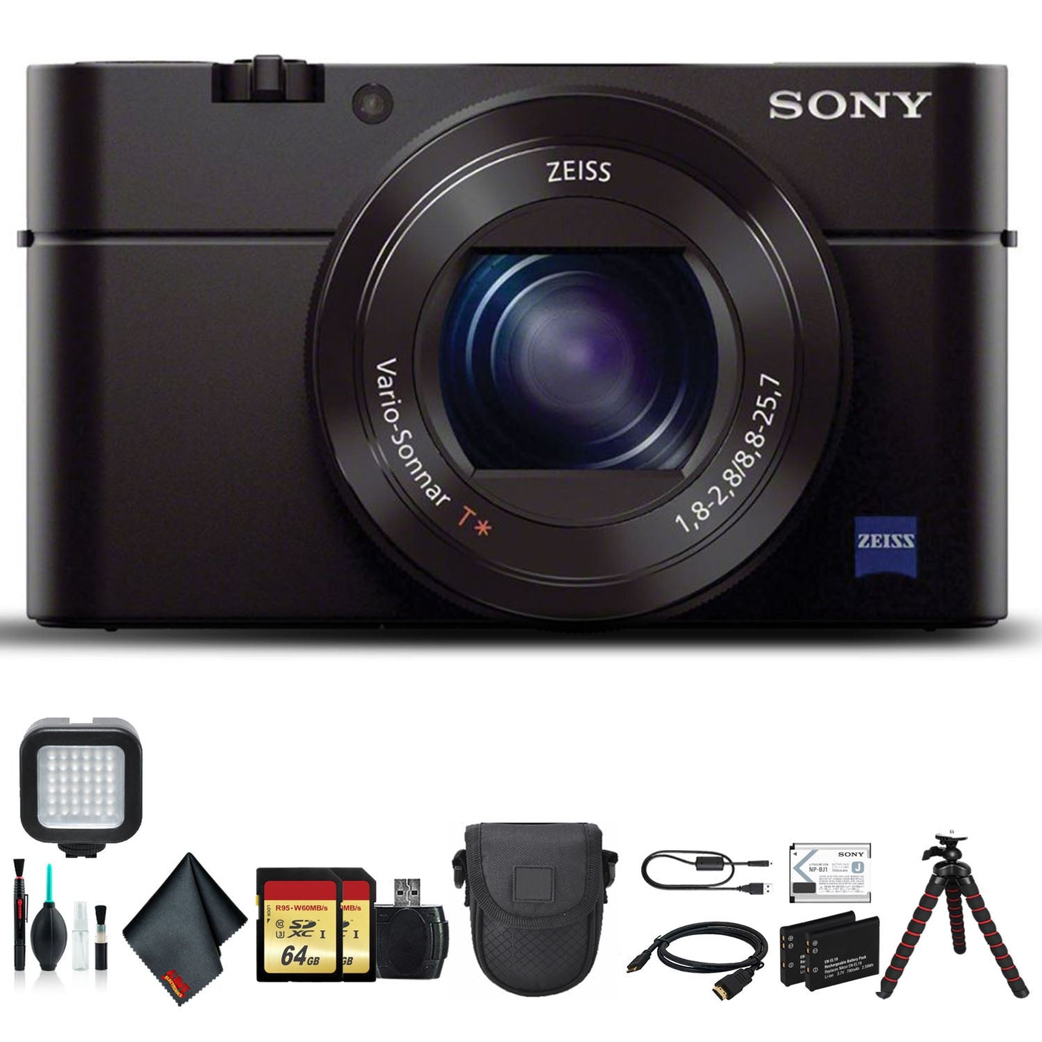 Sony Cyber-shot DSC-RX100 III Camera DSCRX100M3/B With Soft Bag, Tripod, 2x Extra Batteries, LED Light, 2x 64GB Memory Card, Card Reader , Plus Essential Accessories