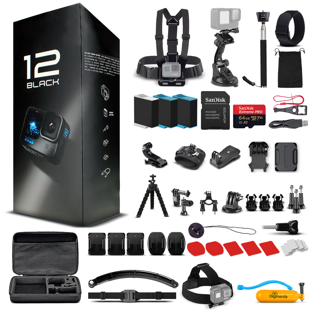GoPro HERO12 - Action Camera + 64GB Card, 50 Piece Accessory Kit and 2 Batteries